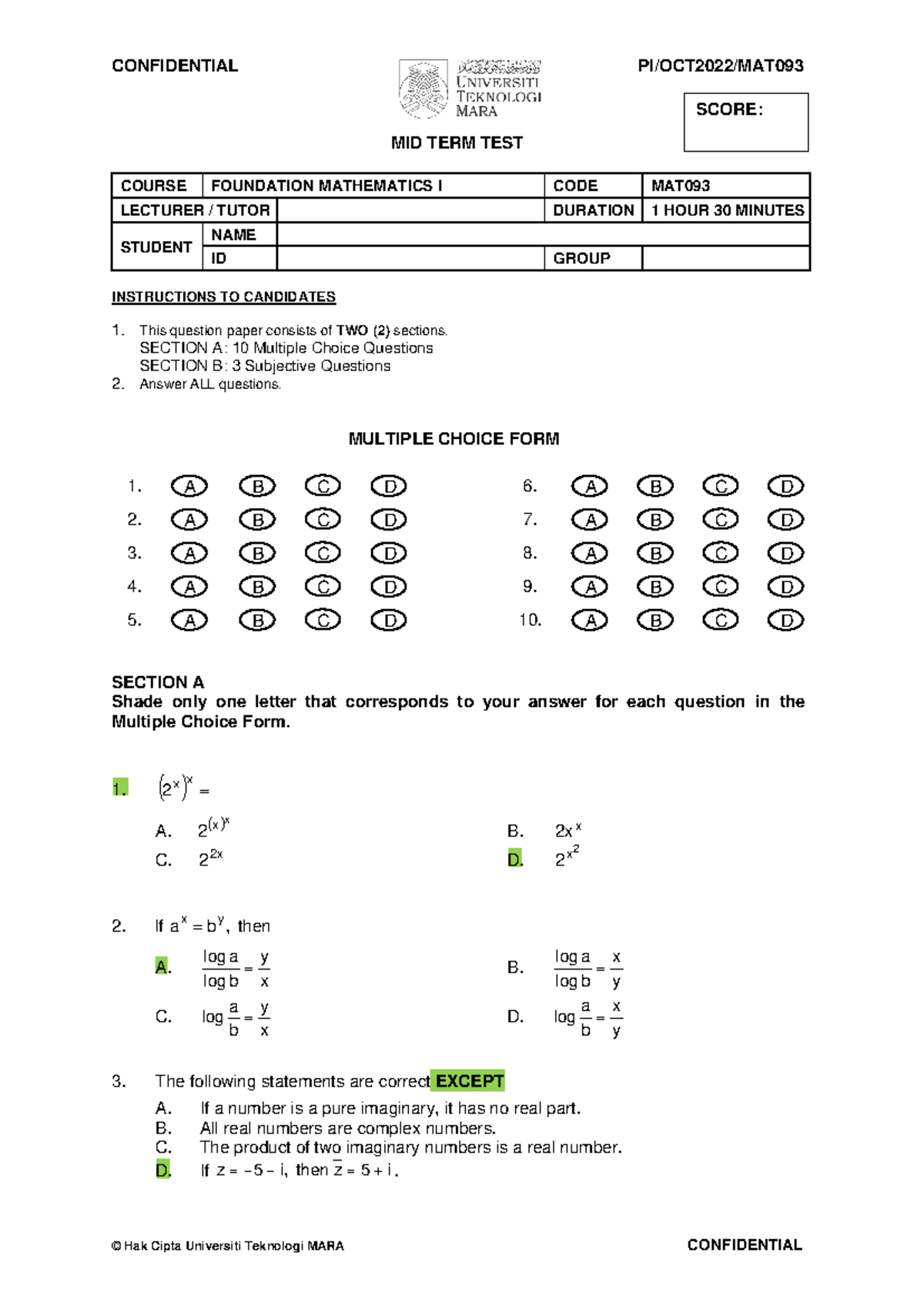 MAT093 Oct 2022 Midterm Test 1 - Question Paper & Solutions - Studocu