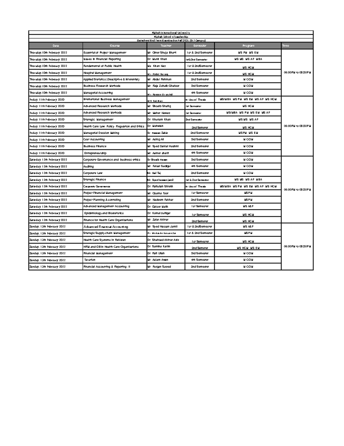 Final-term Datesheet Fall 2021 G-7 Campus - Date Course Teacher ...
