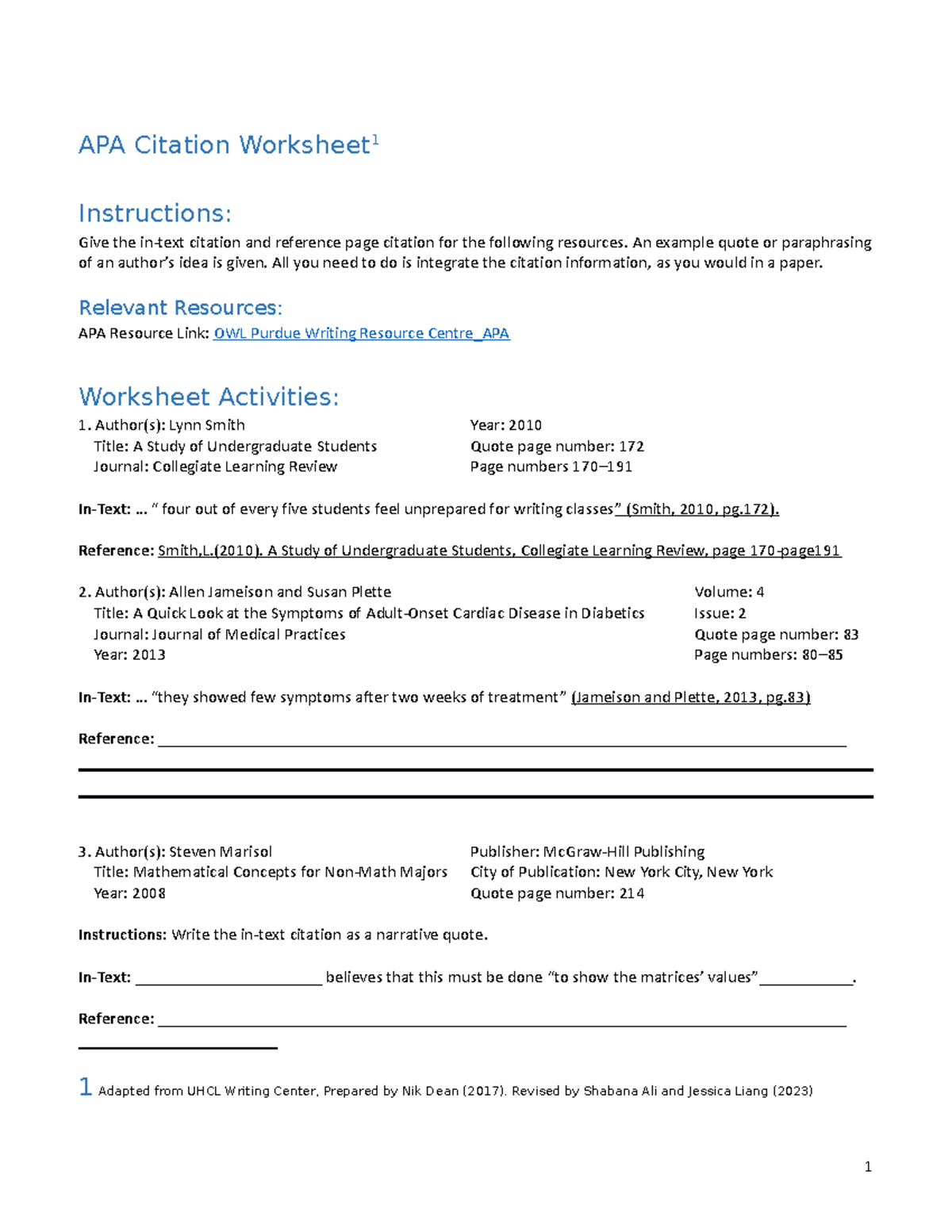 Tutorial 1 APA worksheet-02-2 - APA Citation Worksheet 1 Instructions ...