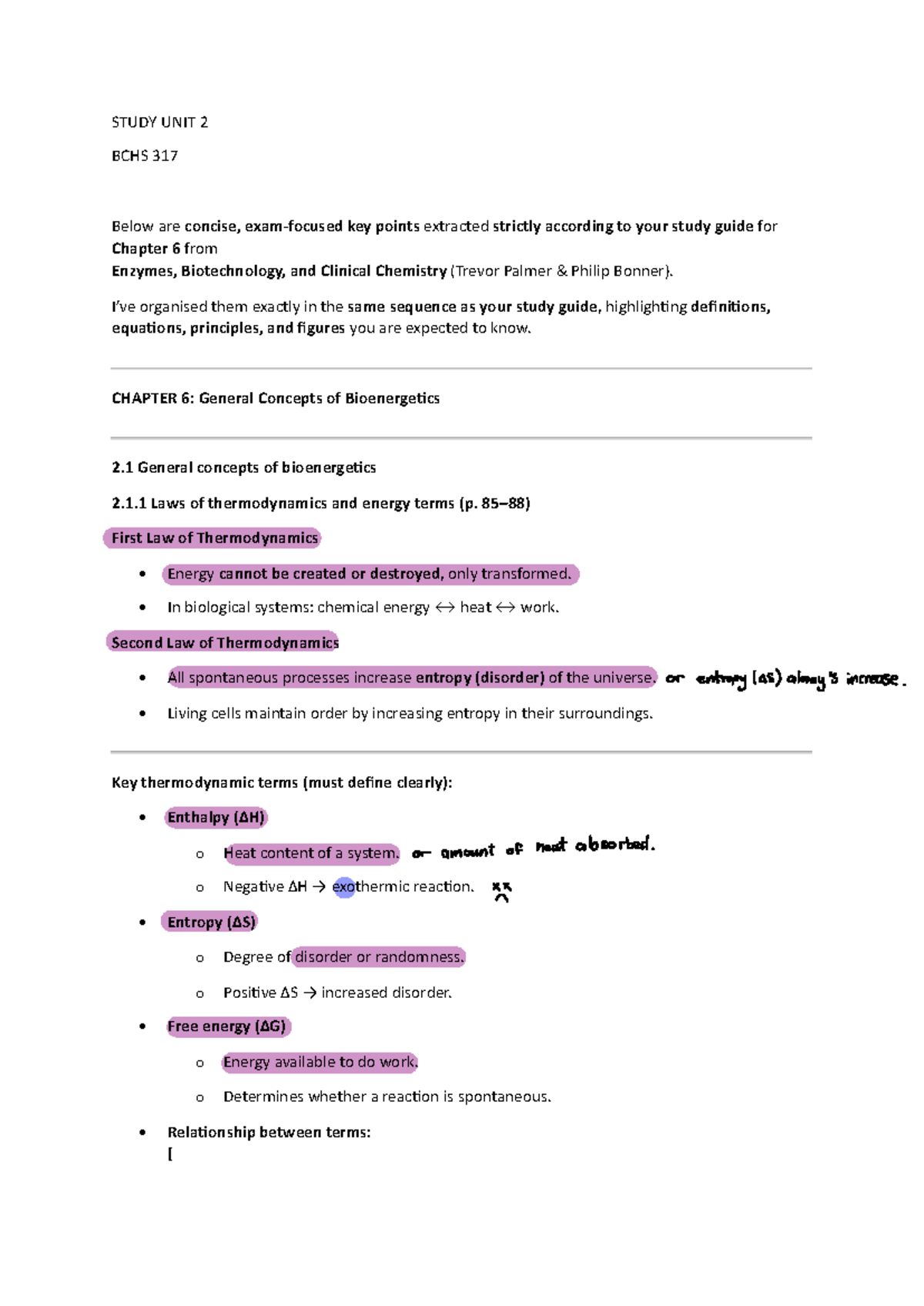 BCHS 317 Study Unit 2: Summary of Chapter 6 - Bioenergetics Concepts ...