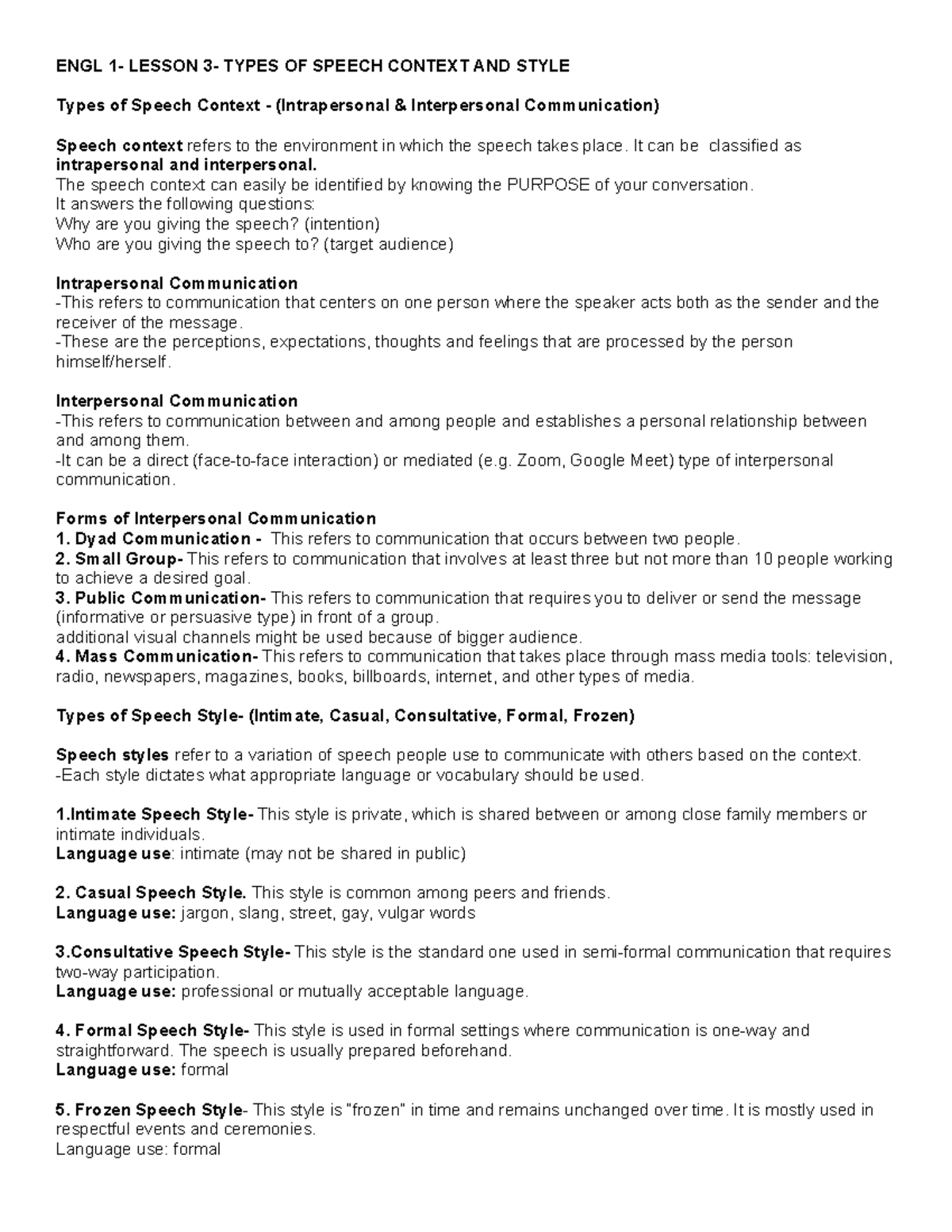 ENGL 1 L3 Notes - ENGL 1- LESSON 3- TYPES OF SPEECH CONTEXT AND STYLE ...