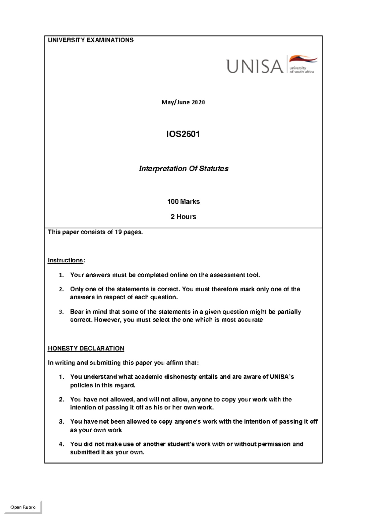 May/June 2020 IOS2601 Interpretation Of Statutes Exam (100 Marks) - Studocu