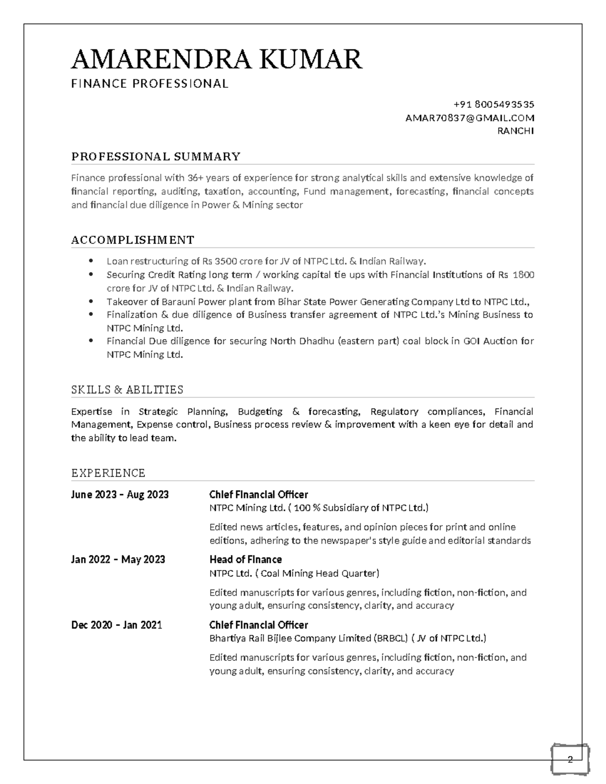 Resume of Finance Professional - AMARENDRA KUMAR (ICAI) - Studocu
