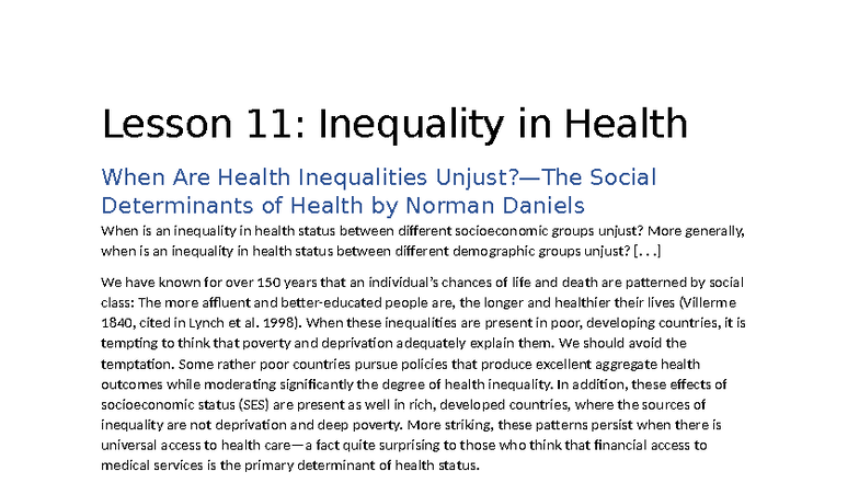 Lesson 11: Health Inequalities as Social Determinants of Justice - Studocu