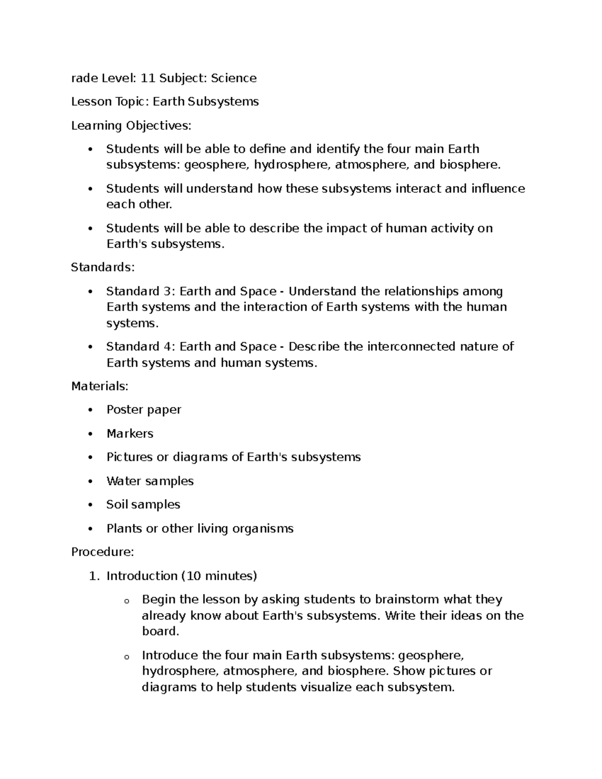 Grade 11 - Earth Science Lesson Plan: Understanding Earth's Subsystems ...