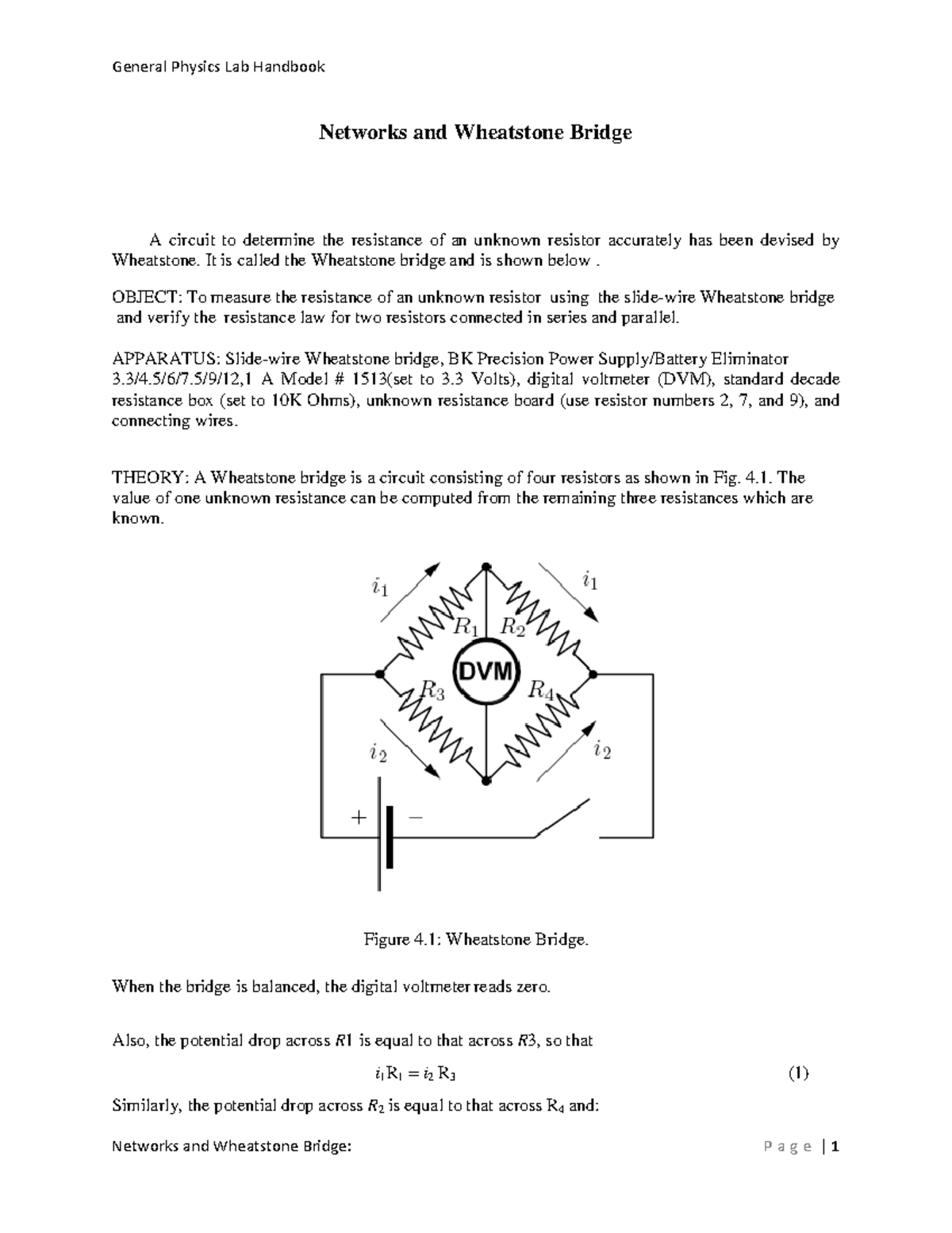Networks and Wheatstone Bridge Lab Experiment (PHYS 101) - Studocu