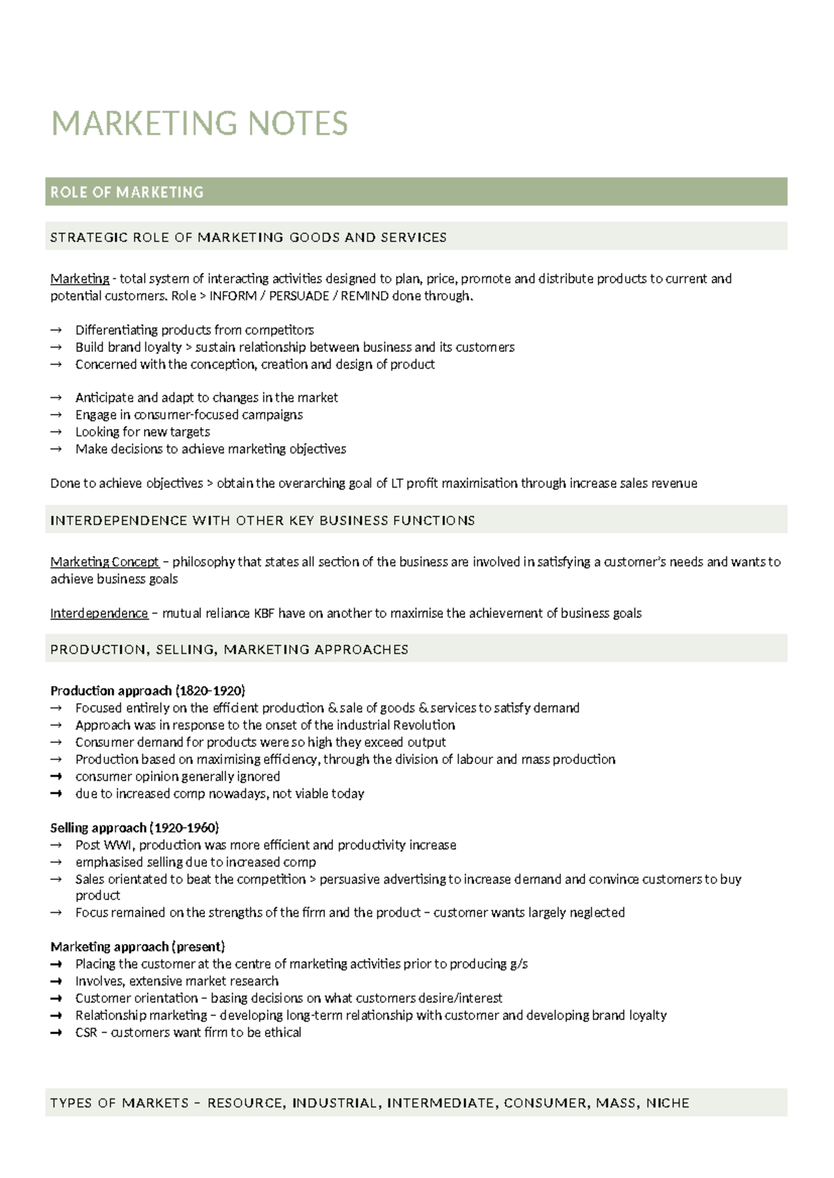 MARKETING NOTES: STRATEGIC ROLE OF MARKETING IN GOODS & SERVICES - Studocu