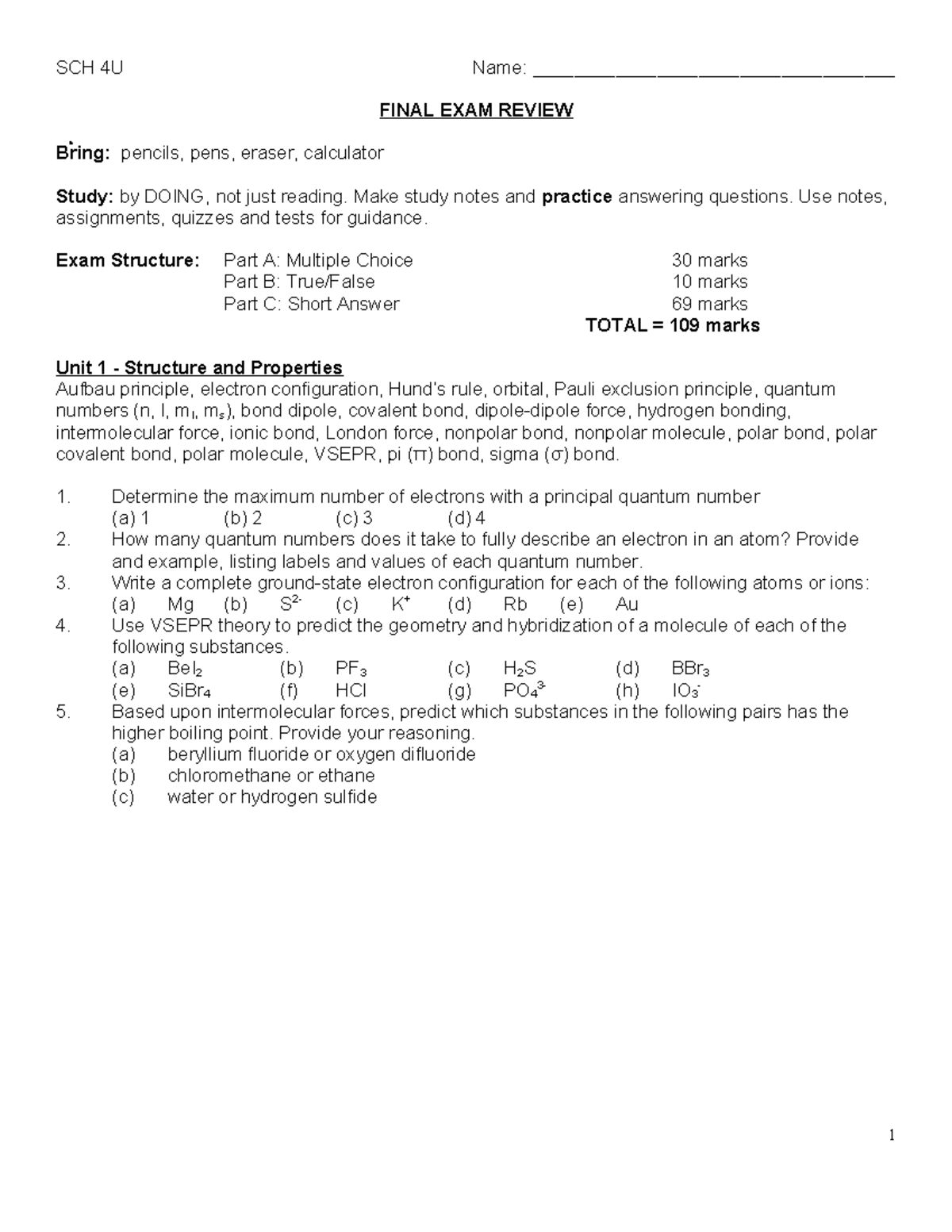 SCH 4U Final Exam Review: Key Concepts and Study Strategies - Studocu
