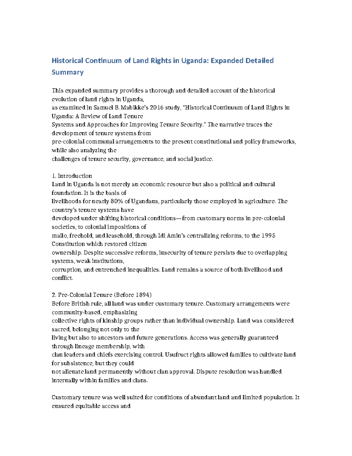 Historical Continuum of Land Rights in Uganda: Detailed Summary - Studocu