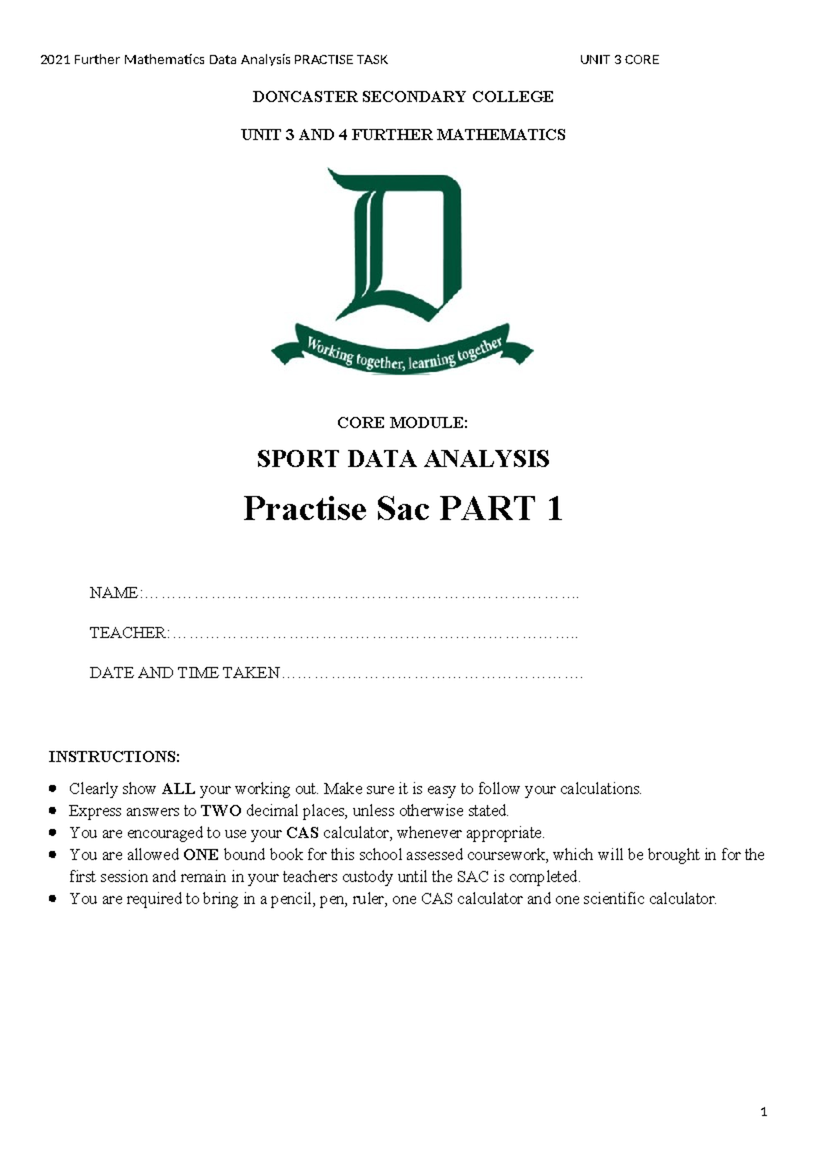 2021 Further Mathematics Data Analysis Practise Task Unit 3 Core - SAC ...