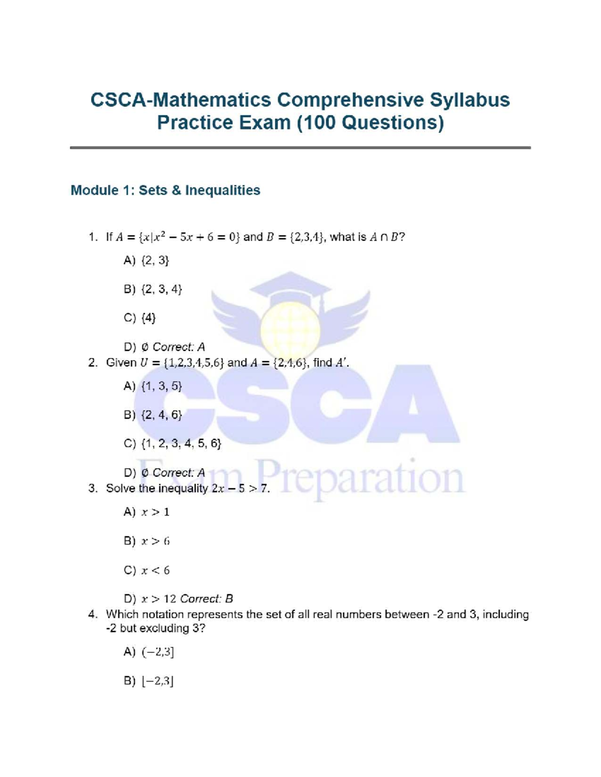 CSCA Mathematics 100 Comprehensive Practice Exam: 100 Questions - Studocu