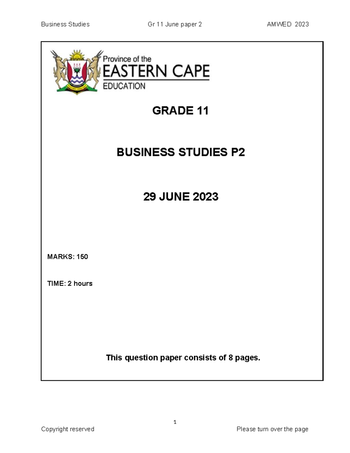 Business Studies Gr 11 June Exam Paper 2 AMWED 2023 - Studocu