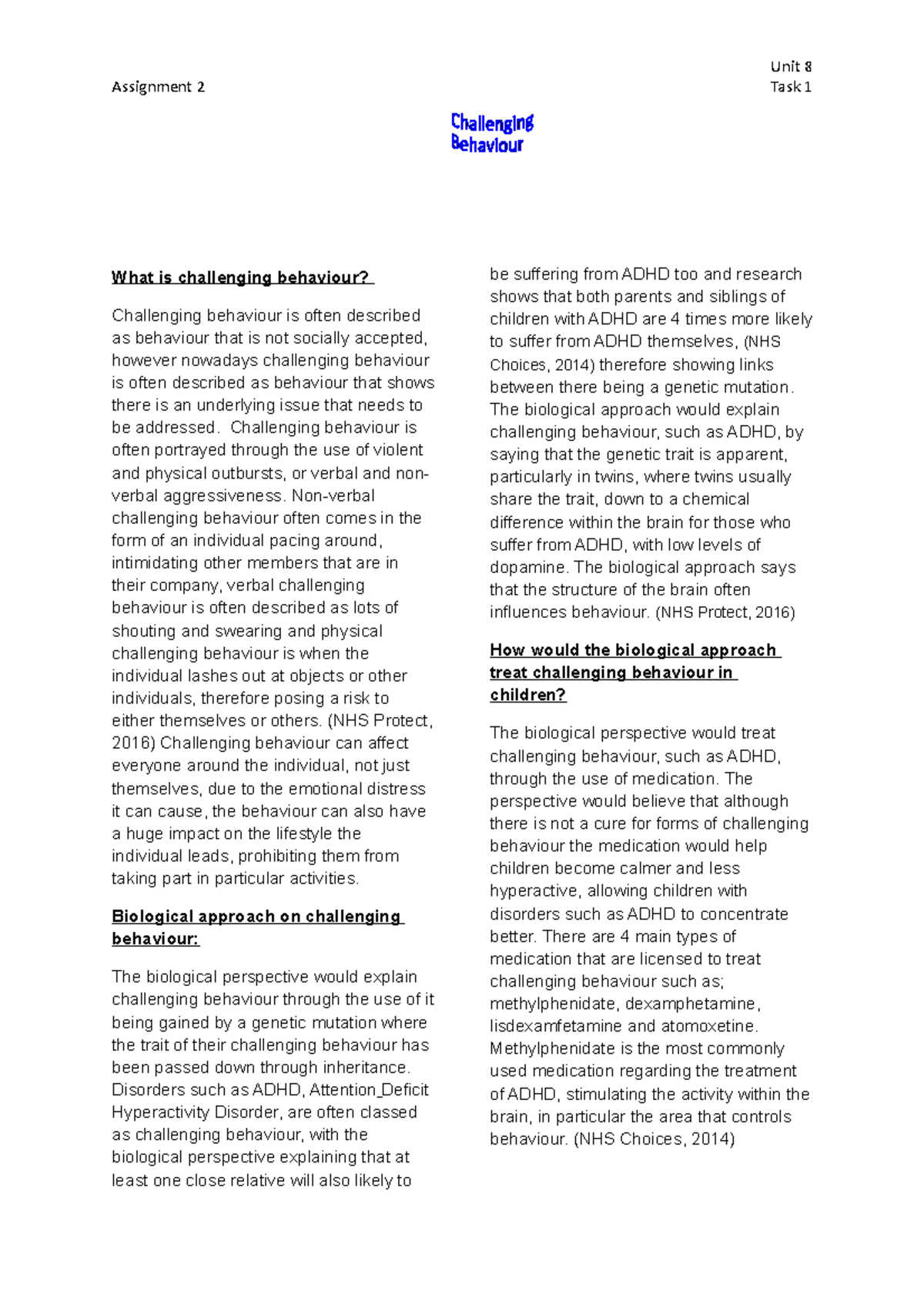 Unit 8 assignment 2 part 1 challenging behaviour newsletter - Unit 8 ...