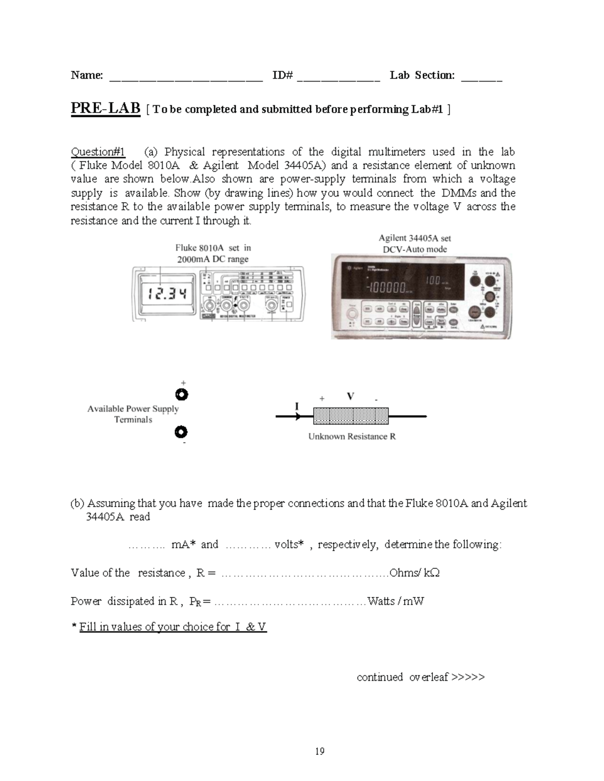 Pre-Lab 1: DMM Connections & Resistance Measurement (Lab Section) - Studocu