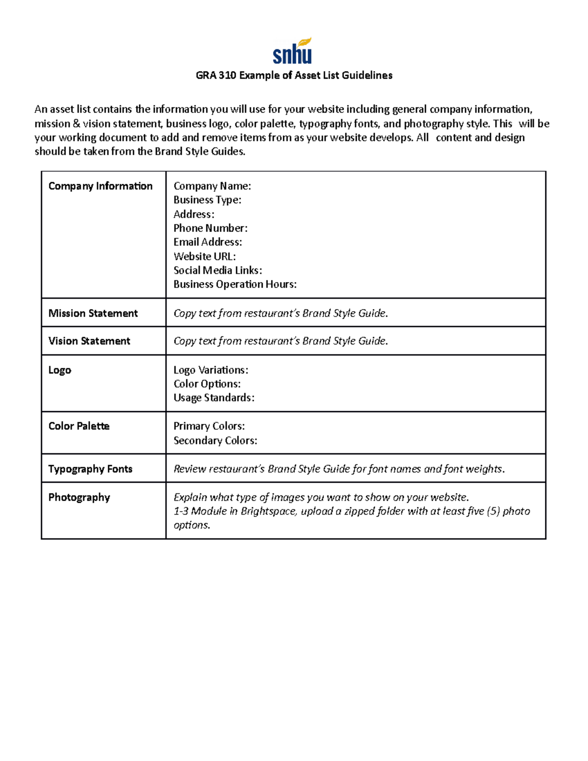 GRA 310 Asset List Guidelines for Website Development - Studocu