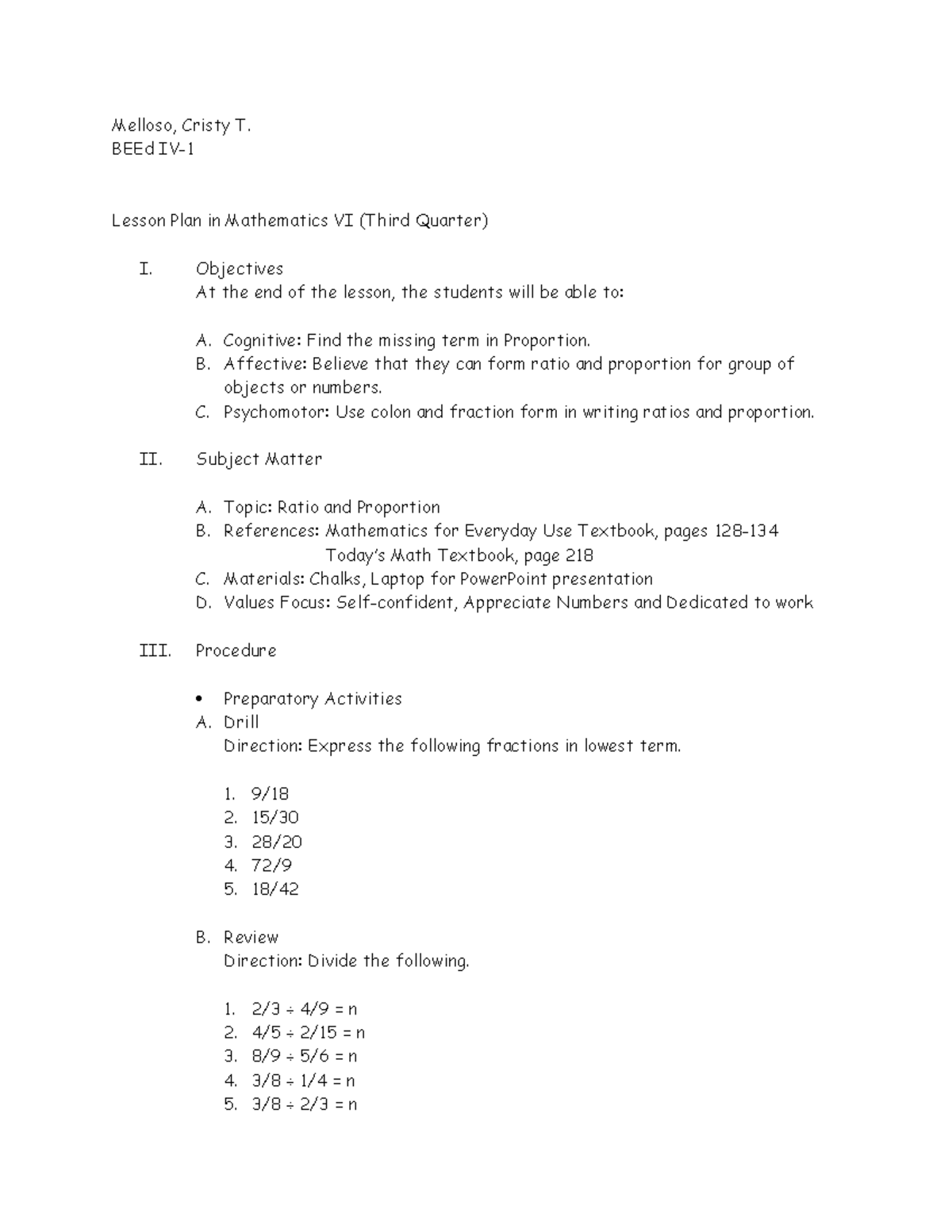 Semi-Detailed Lesson Plan in Math VI: Understanding Ratios ...