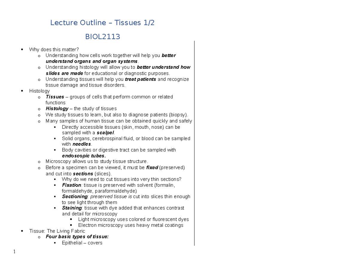 Lecture Notes on Epithelial Tissue: BIOL2113 Overview and Analysis ...