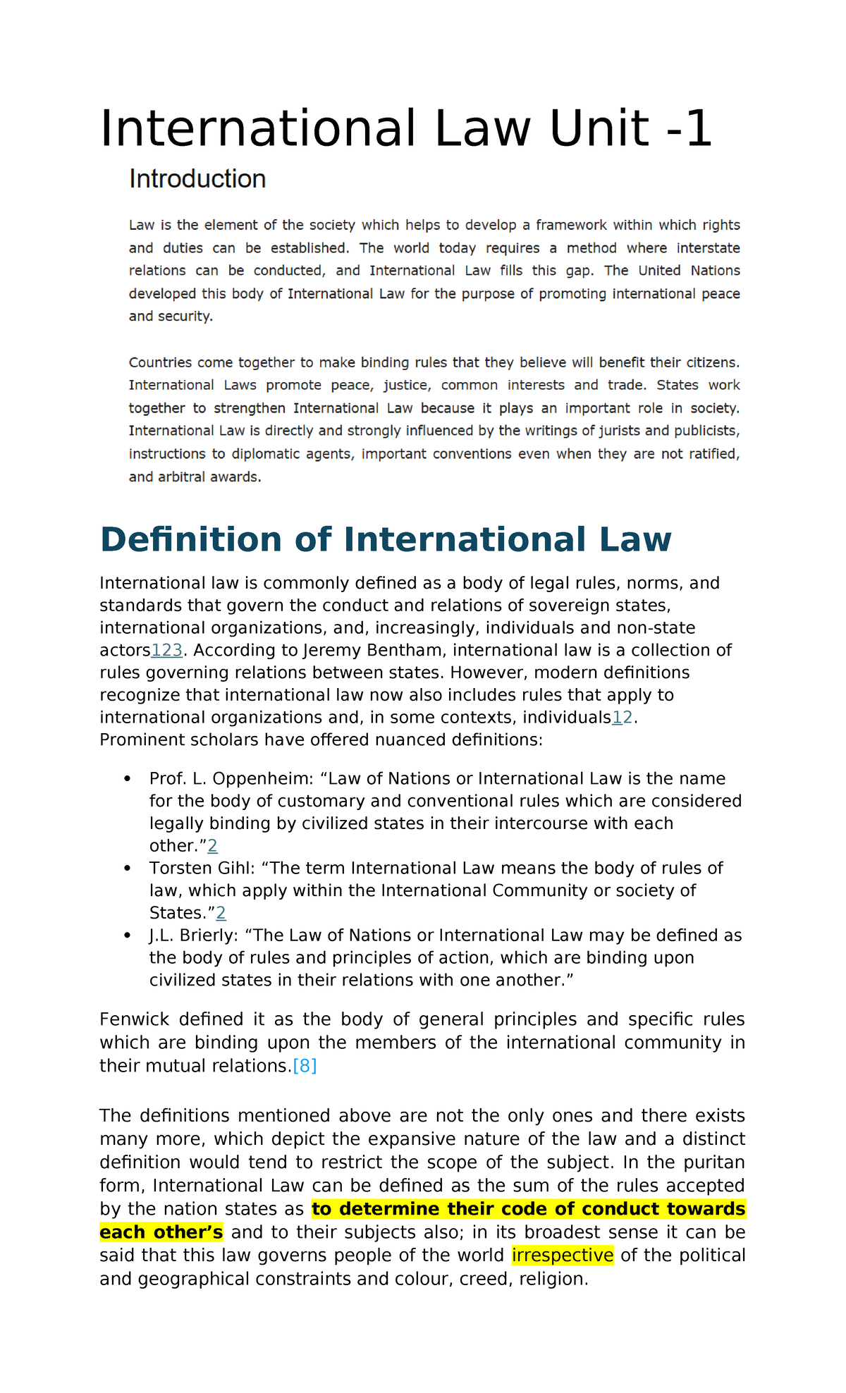 Unit 1 - Introduction to International Law: Definitions & Principles ...