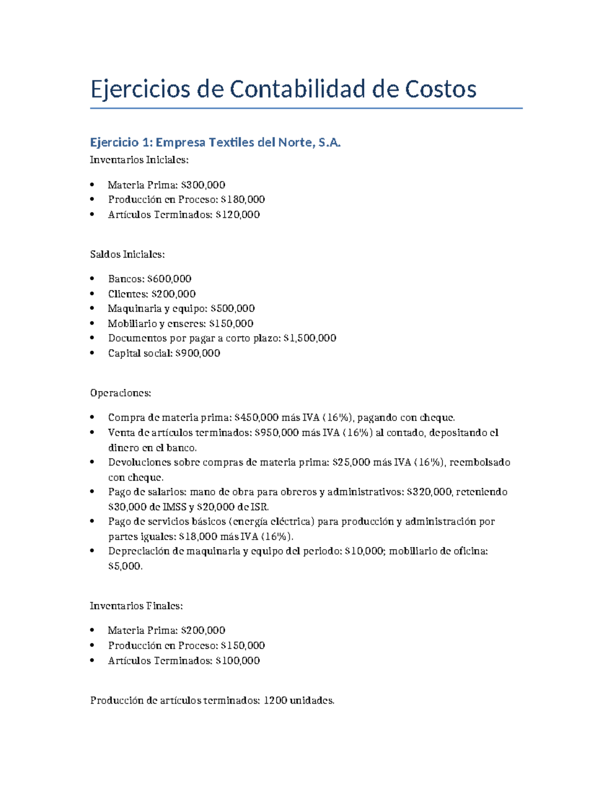 Ejercicios de Contabilidad de Costos - Análisis de Casos Empresariales ...