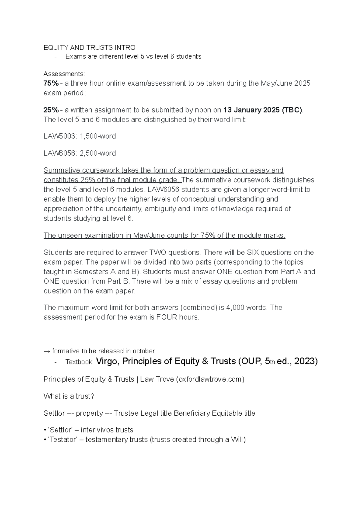 LAW5003 & LAW6056: Equity and Trusts Lecture Notes - Week 1 Overview ...