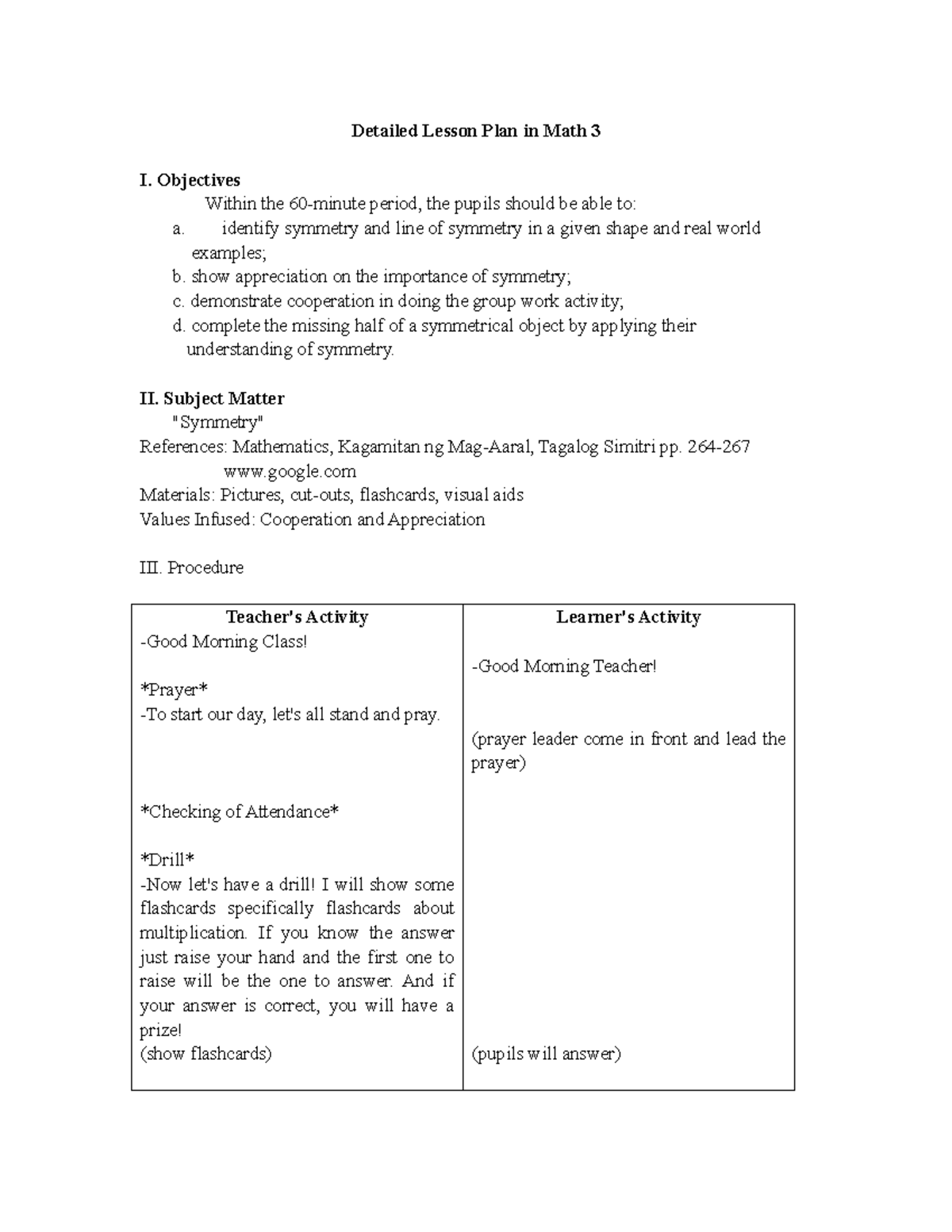 Detailed Lesson Plan: Math 3 - Exploring Symmetry Concepts - Studocu