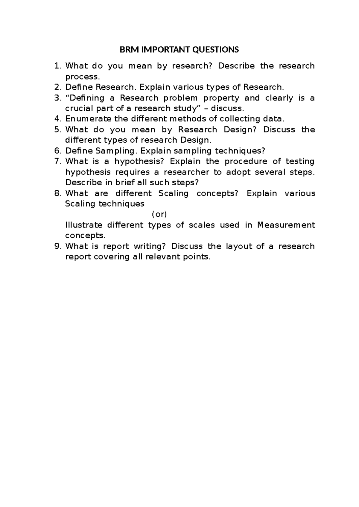 BRM Important Questions: Research Process & Methodologies - Studocu