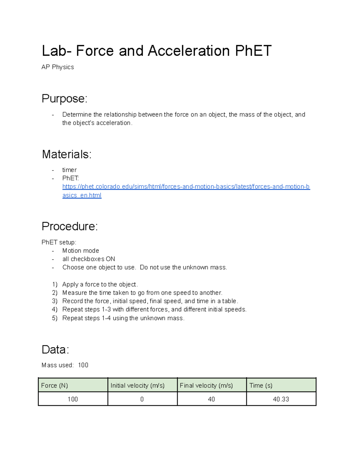 Copy of Lab- Force and Acceleration Ph ET - Lab- Force and Acceleration ...