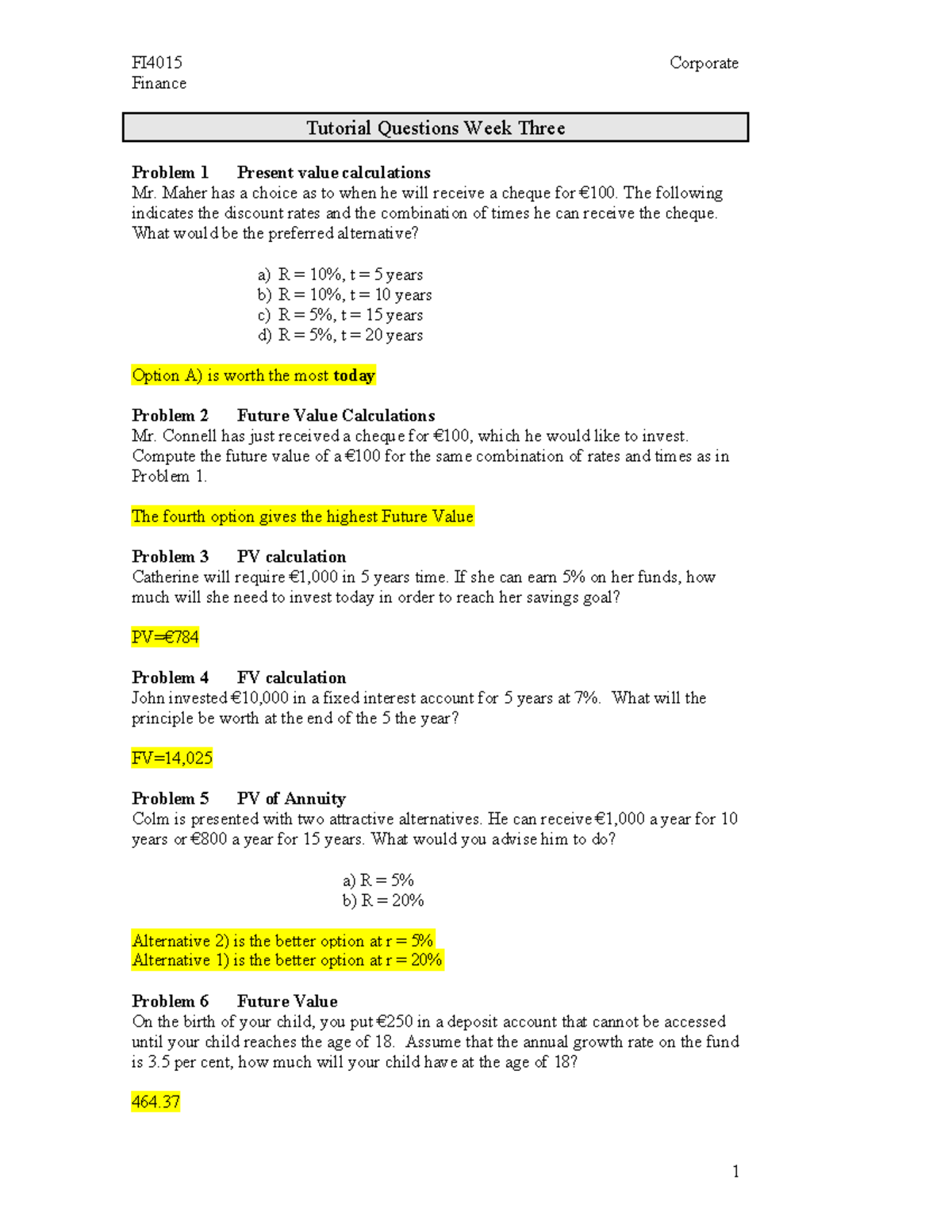 FI4015 Corporate Finance Tutorial Questions - Week 3 Solutions - Studocu