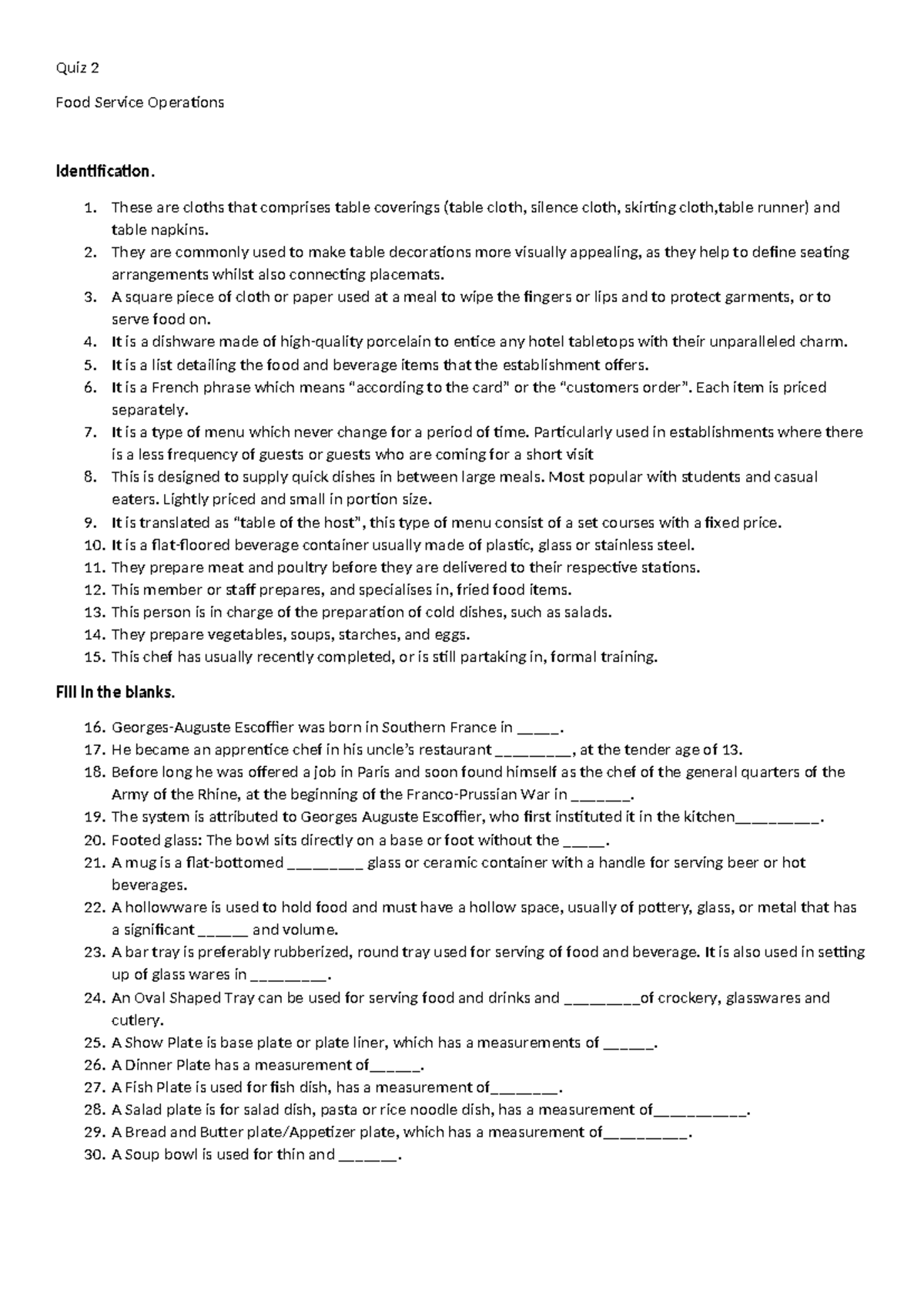 Quiz 2: Food Service Operations Identification and Answers - Studocu