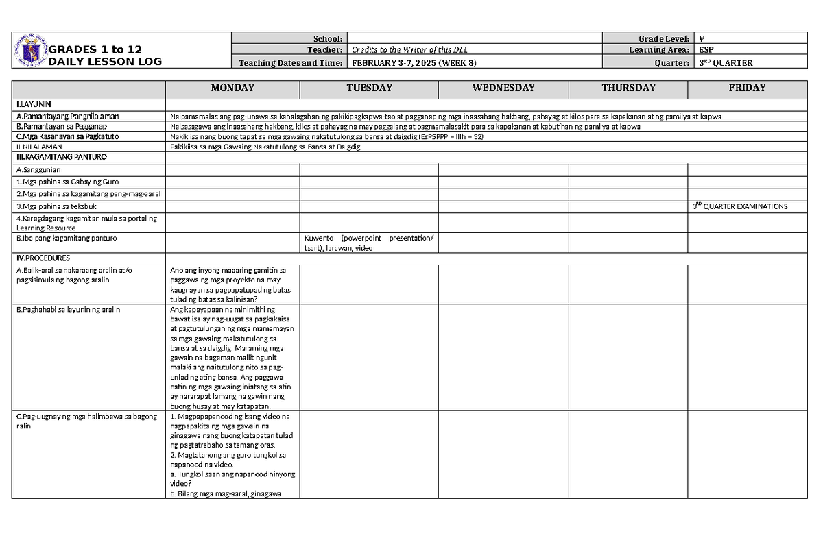 DLL ESP 5 Q3 W8 - Daily Lesson Log - GRADES 1 to 12 DAILY LESSON LOG ...