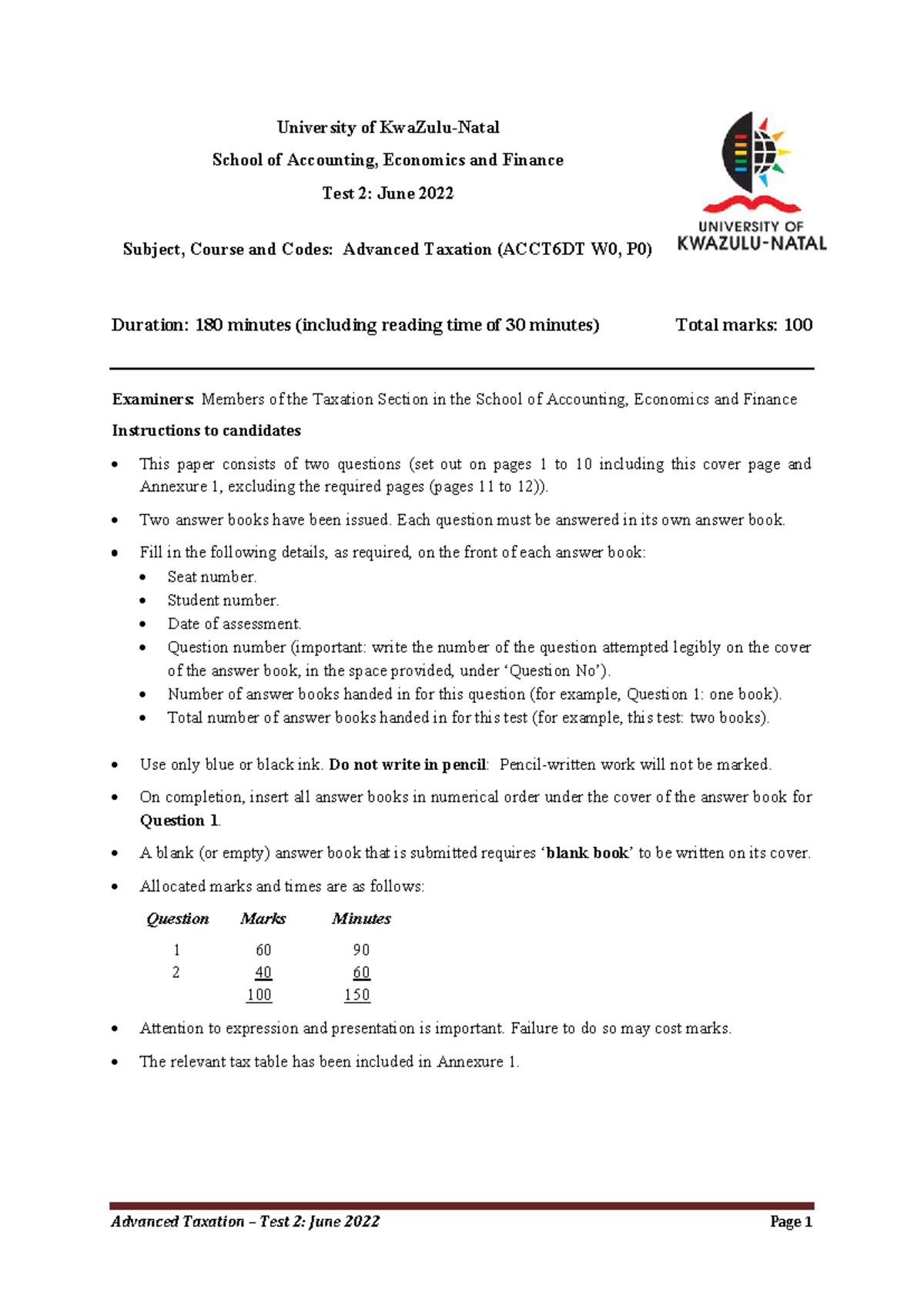 Advanced Taxation (ACCT6DT W0, P0) Test 2 Questions - June 2022 - Document Preview