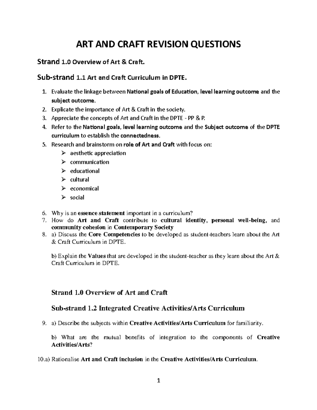 ART AND CRAFT REVISION QUESTIONS: DPTE Curriculum Overview and ...
