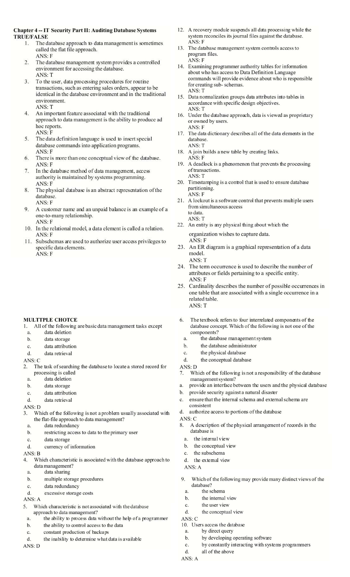 Chapter 4 Test Bank: IT Security Auditing Database Systems (CIS) - Studocu