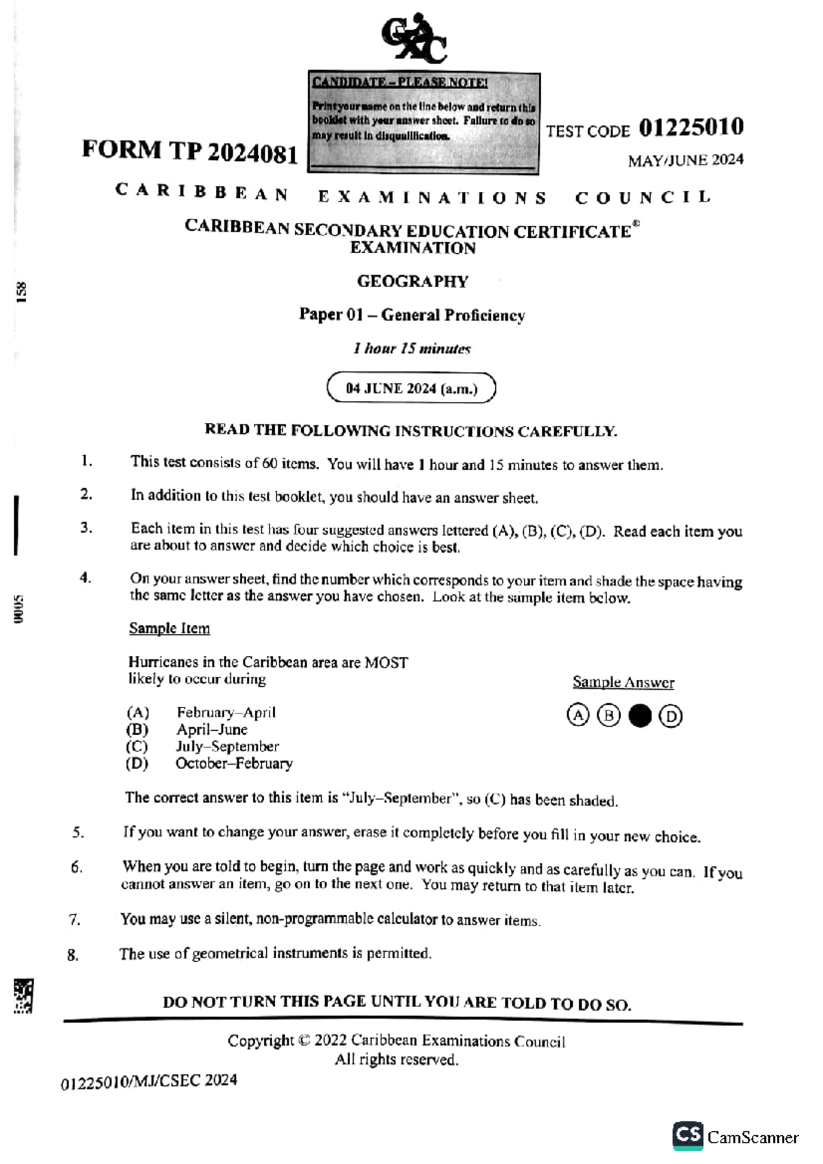 Csec Geography 2024 P1 Exam Instructions And Sample Items Studocu