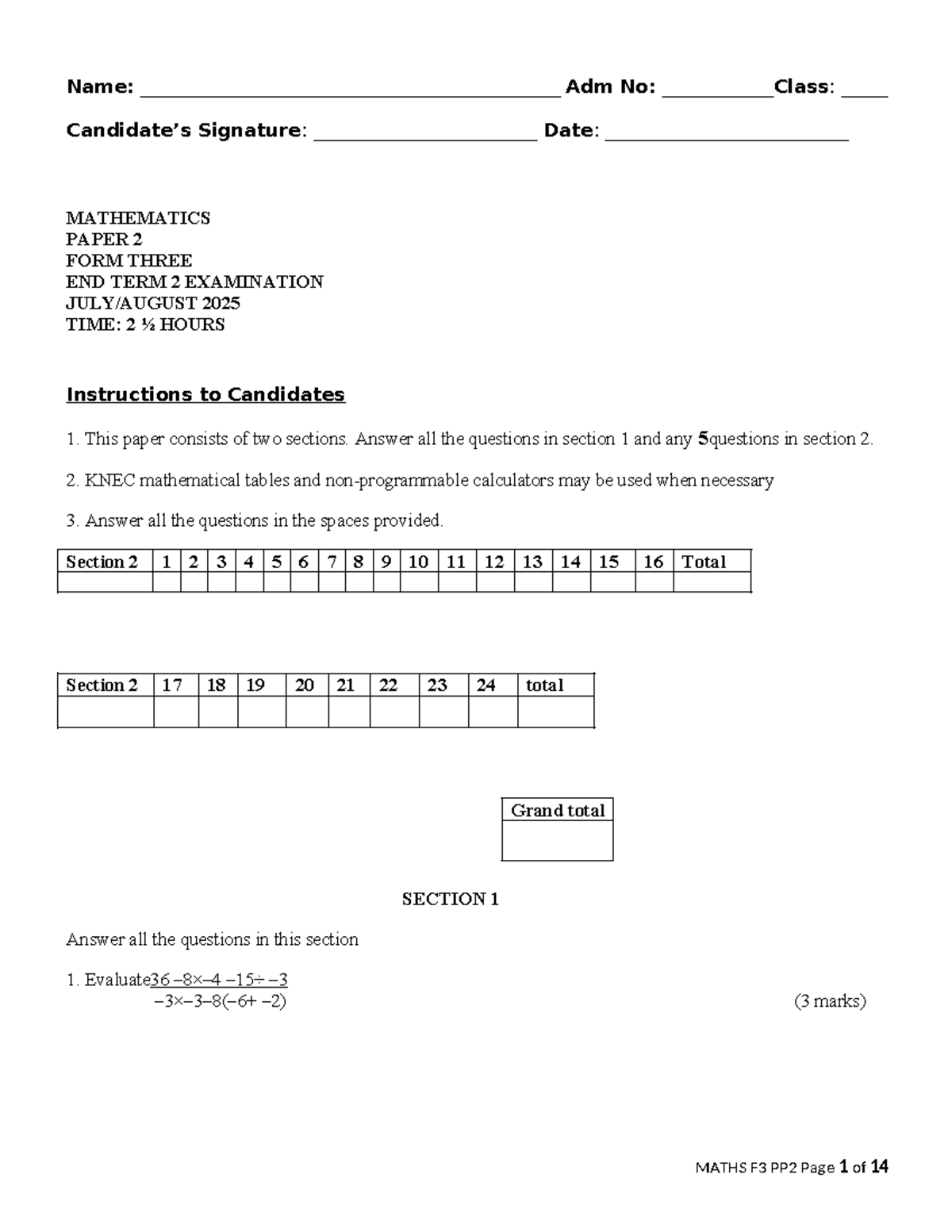 MATHEMATICS F3 END TERM 2 EXAMINATION PAPER 2 - 2025 - Studocu