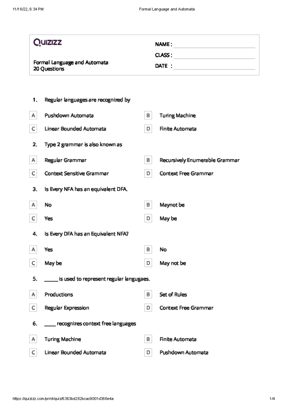 Formal Language and Automata Quiz Questions Set - CS101 - Studocu