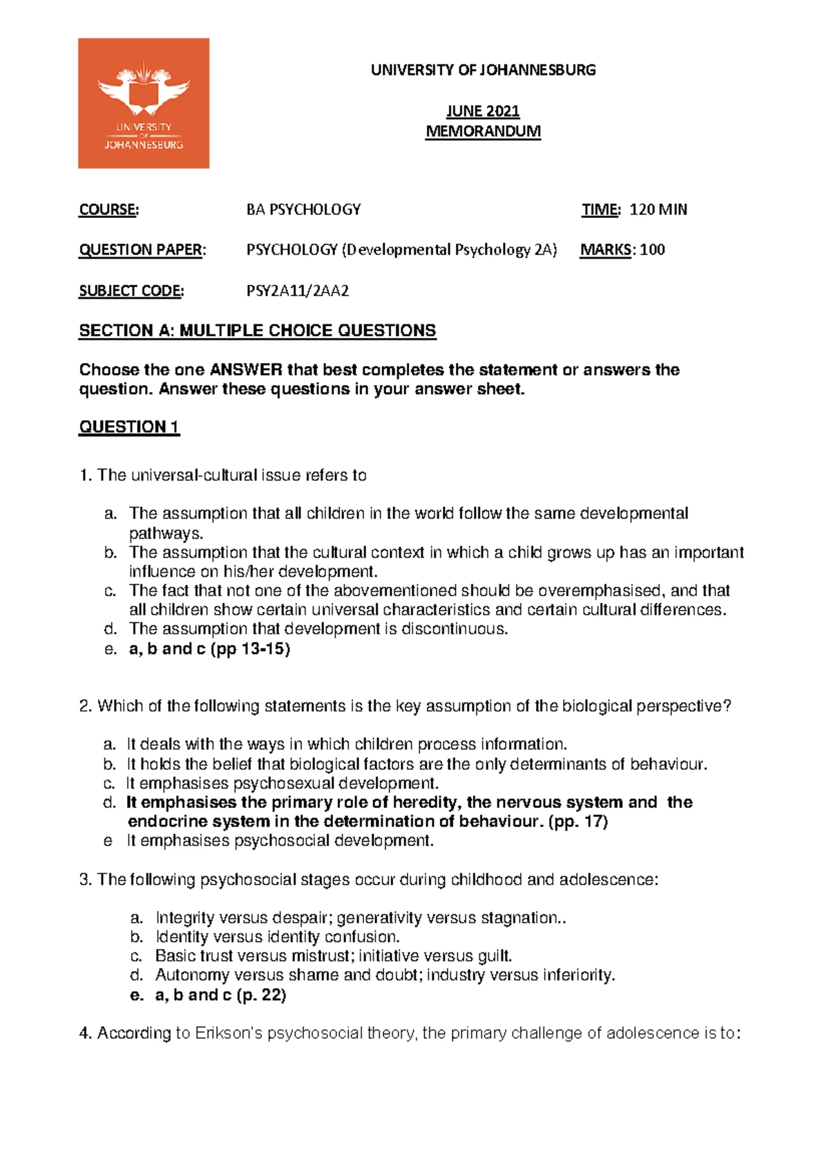 Psy2A Final Exam Paper A with Memo - June 2022 - Studocu