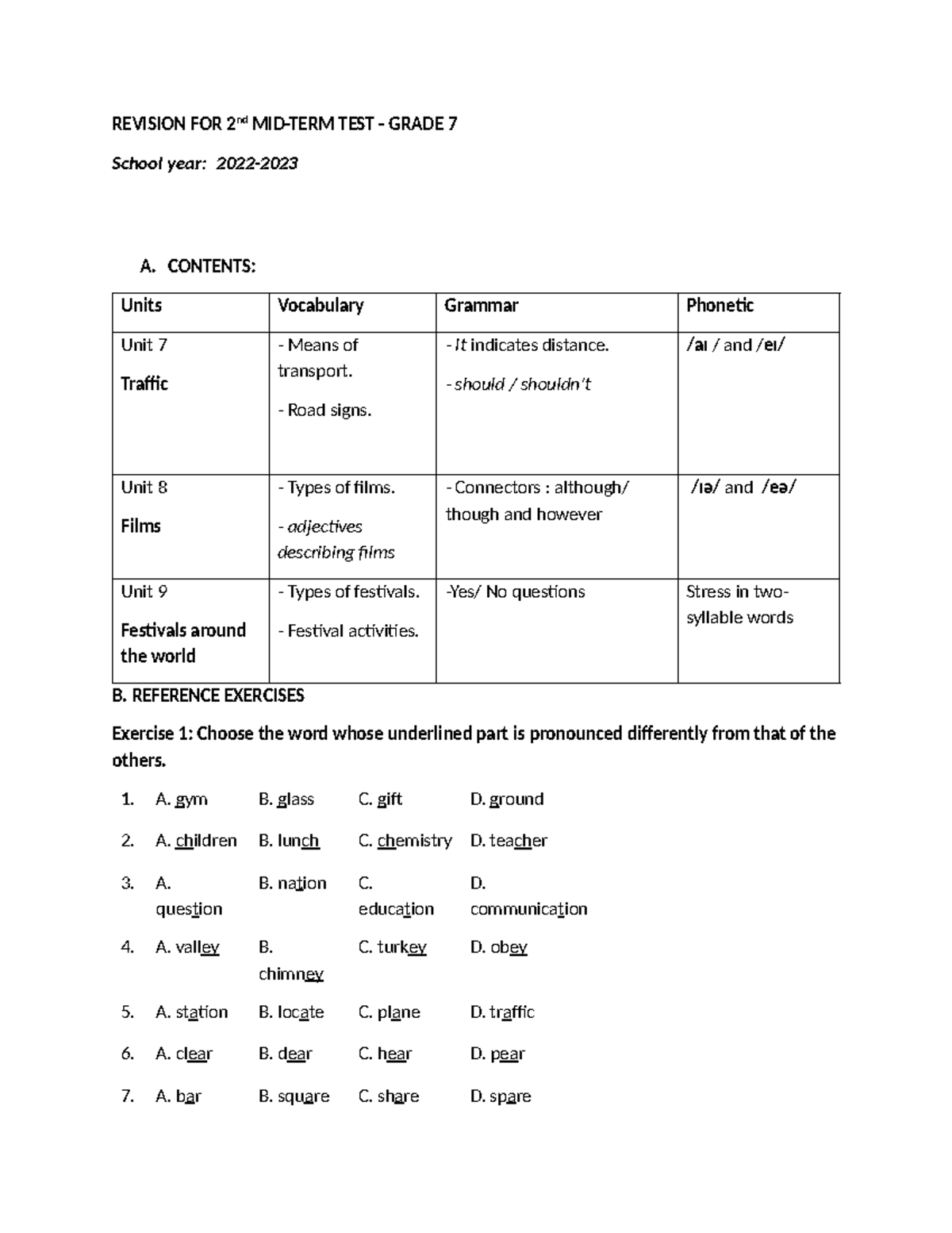 Grade 7 English Revision for 2nd Test: Vocabulary, Grammar & Exercises ...