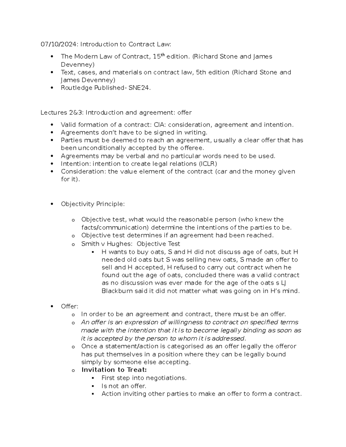 Contract Law Lectures 1-3: Key Concepts & Cases (SNE24) - Studocu