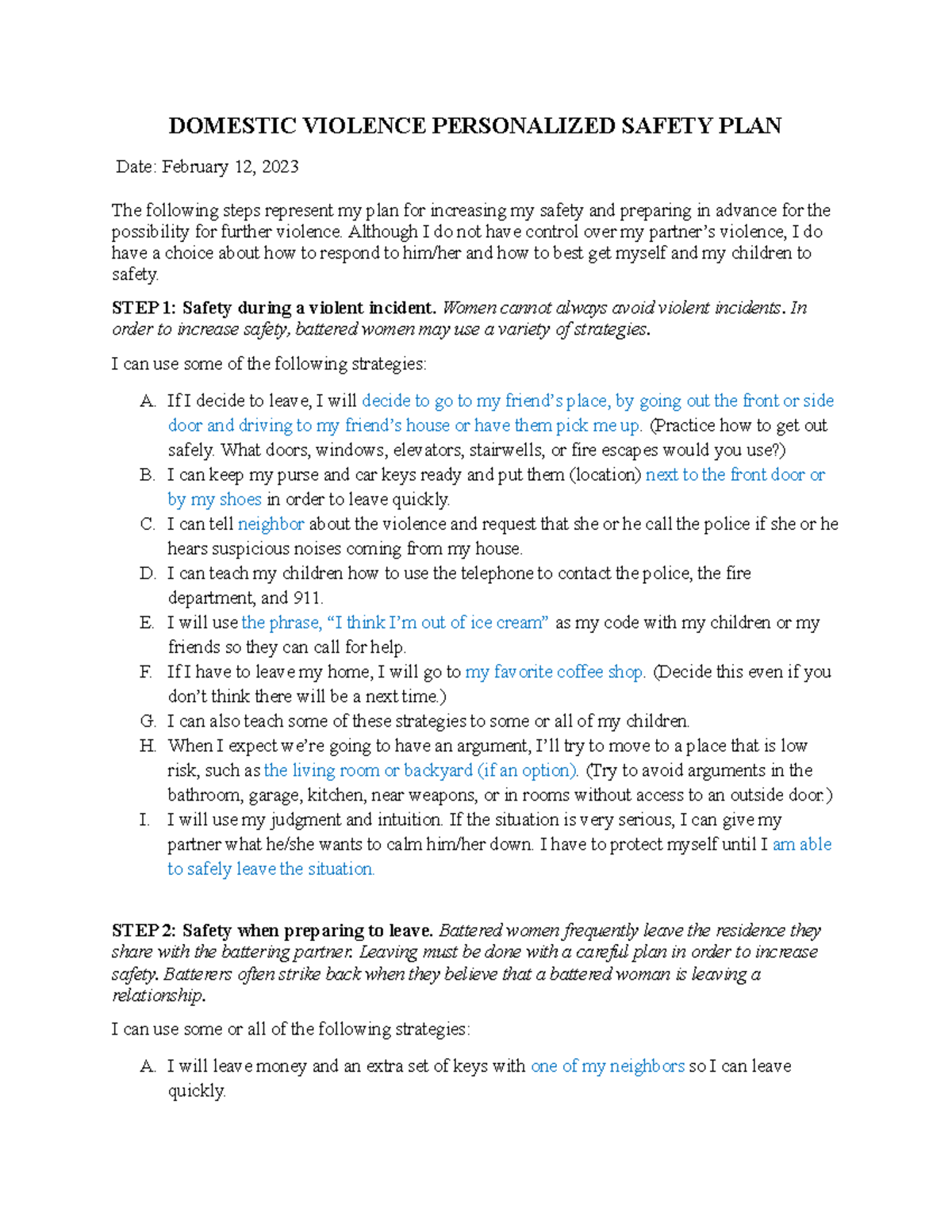 BHS440 Personalized Safety Plan for Domestic Violence Victims - Studocu