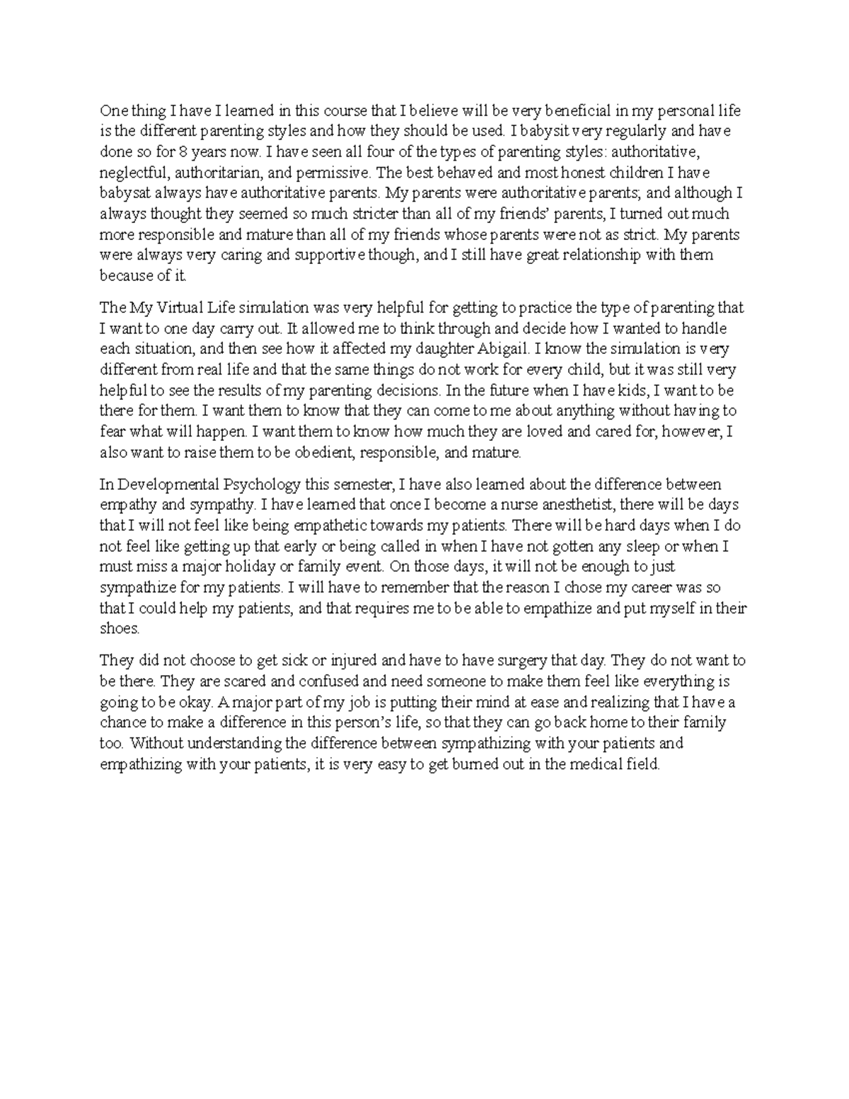 Final Reflection on Parenting Styles and Empathy in PY 212 - Studocu