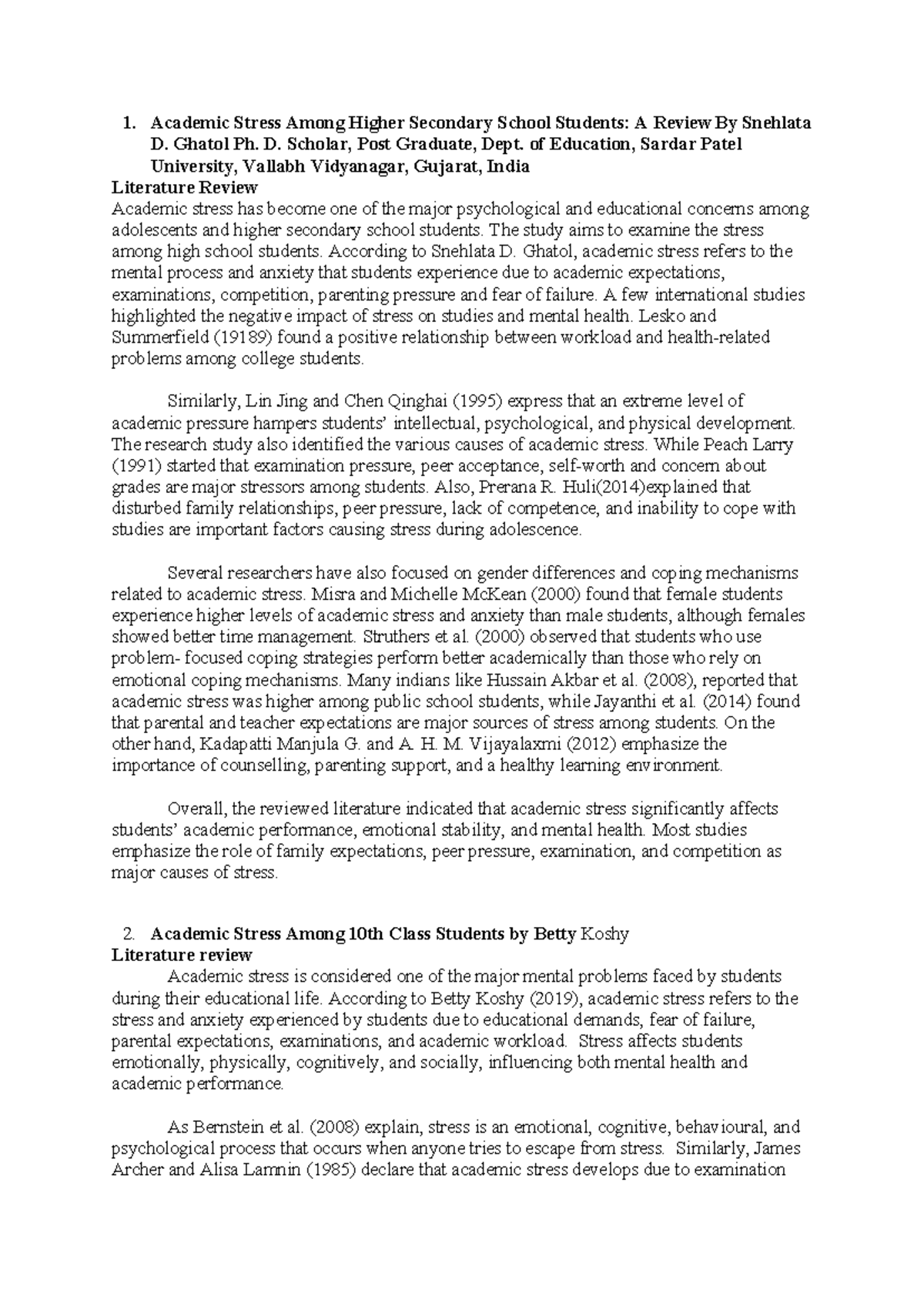 Academic Stress Among Higher Secondary Students: A Comprehensive Review ...