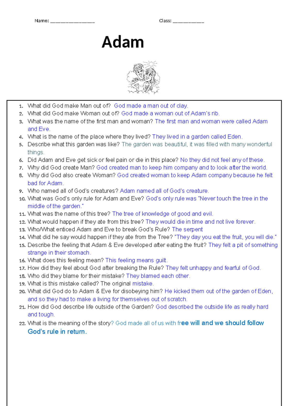 Adam and Eve Worksheet 1: Creation, Fall, and Consequences - Studocu