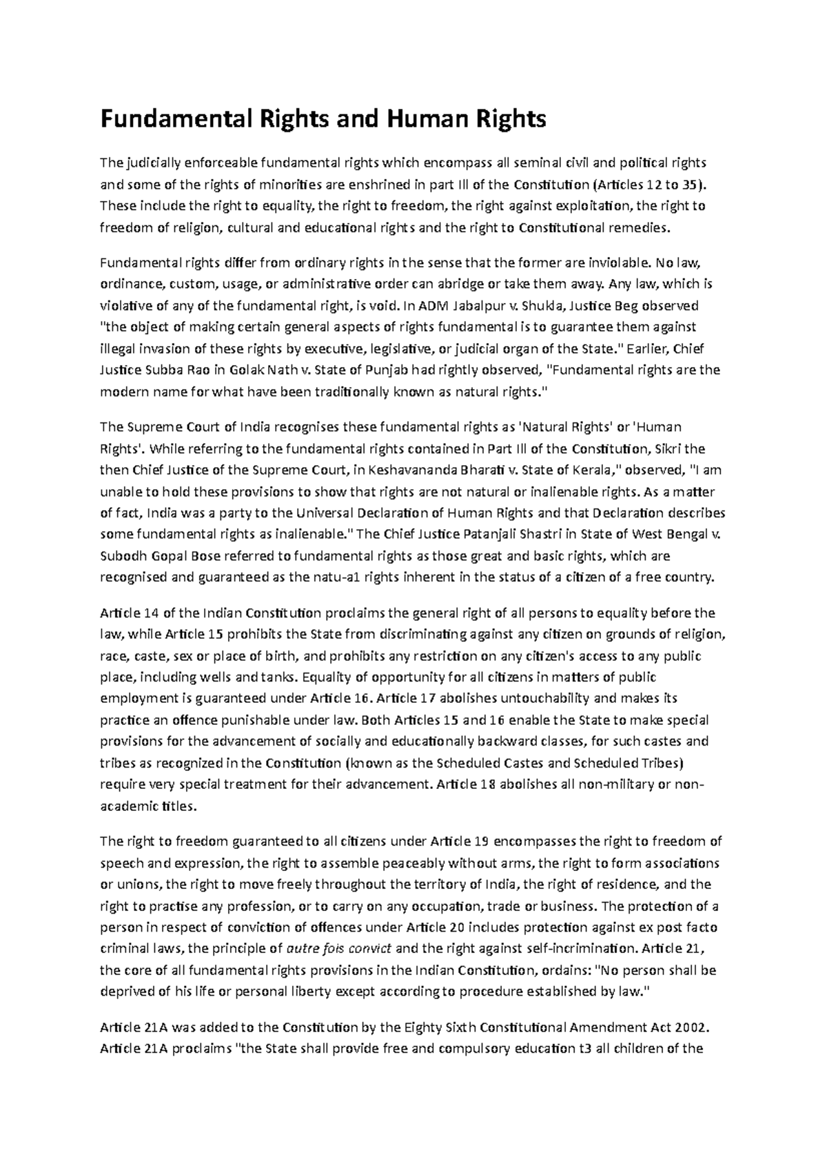 Fundamental Rights vs. Human Rights: Analysis under Indian Constitution ...