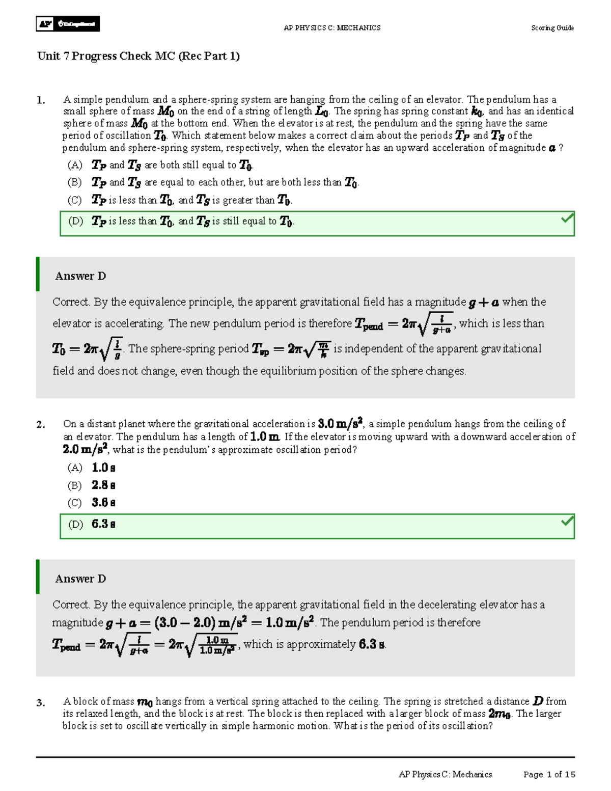 APC Physics C: Mechanics Unit 7 Progress Check MC Rec Part 1 Scoring ...