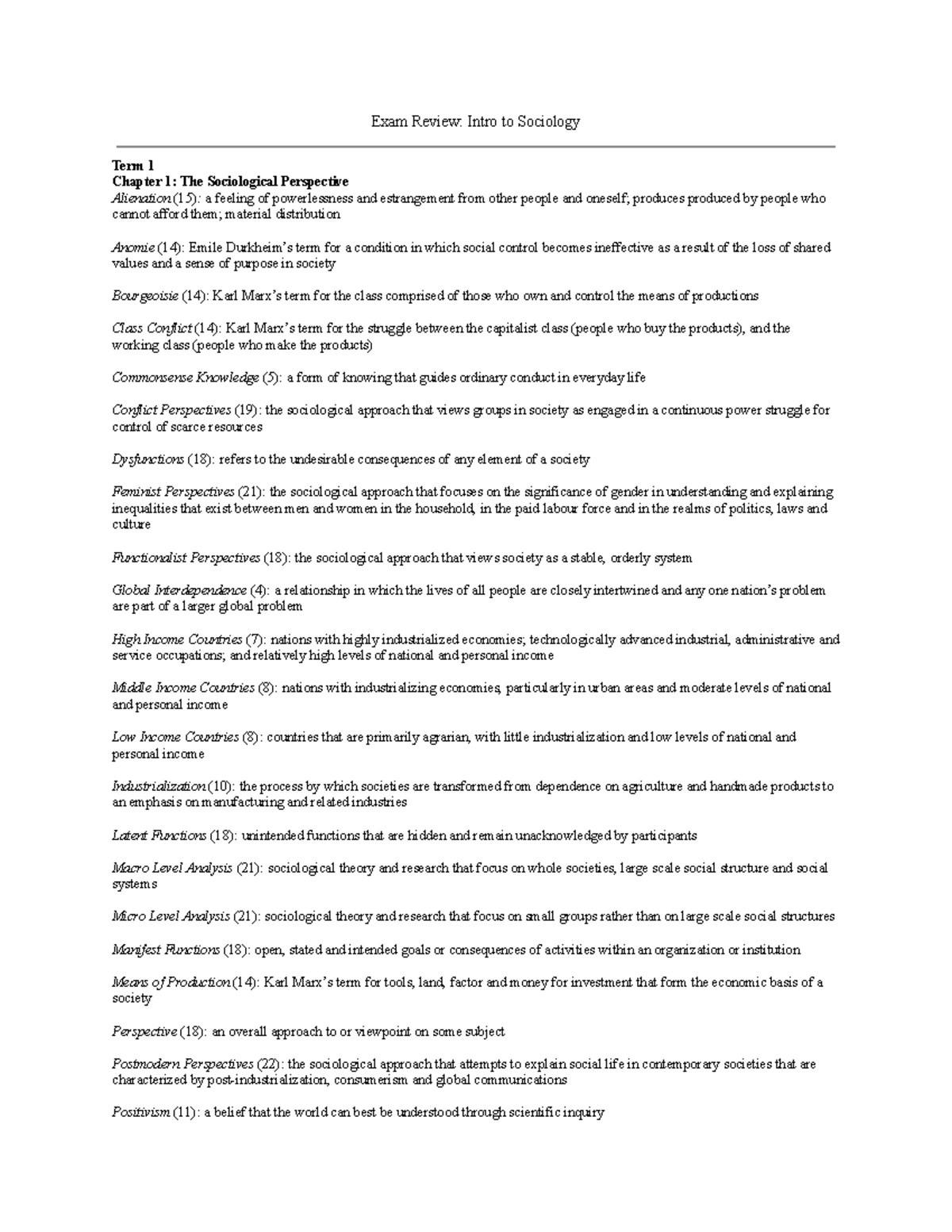 Term 1 Exam Review: Intro to Sociology Key Concepts and Theories - Studocu