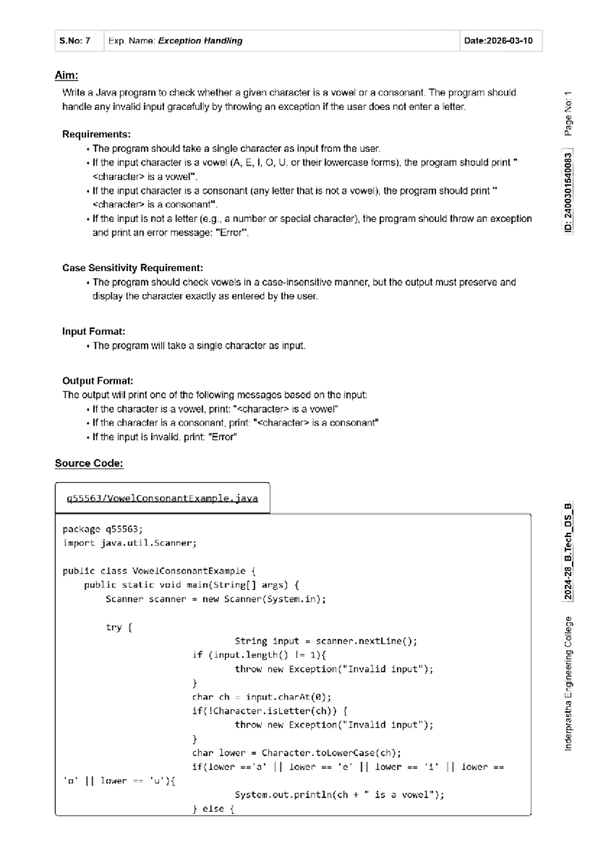 Java Program for Exception Handling: Vowel or Consonant Check - Studocu