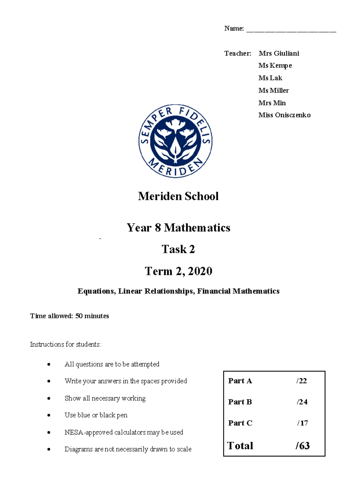 Year 8 Mathematics Task 2 - Equations & Financial Maths (Term 2, 2020 ...