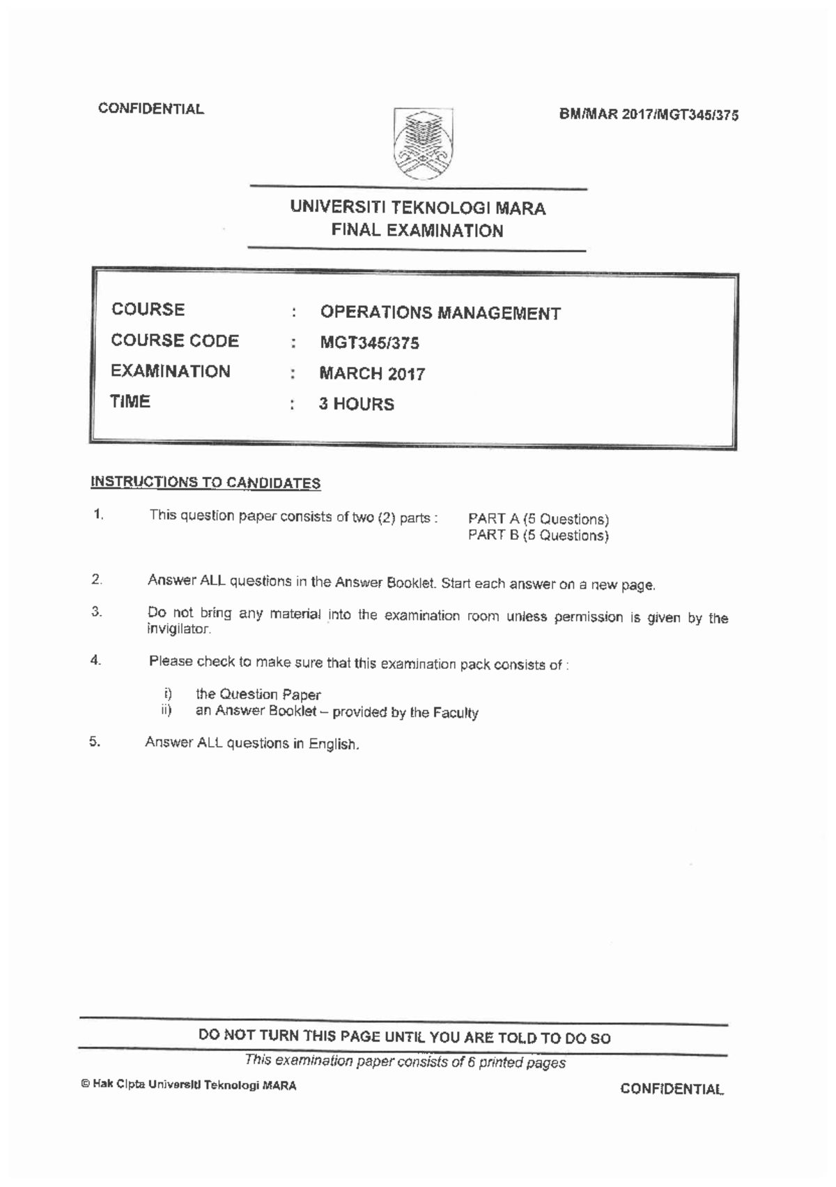 MGT345 Final Exam March 2017 - Operations Management Past Year ...
