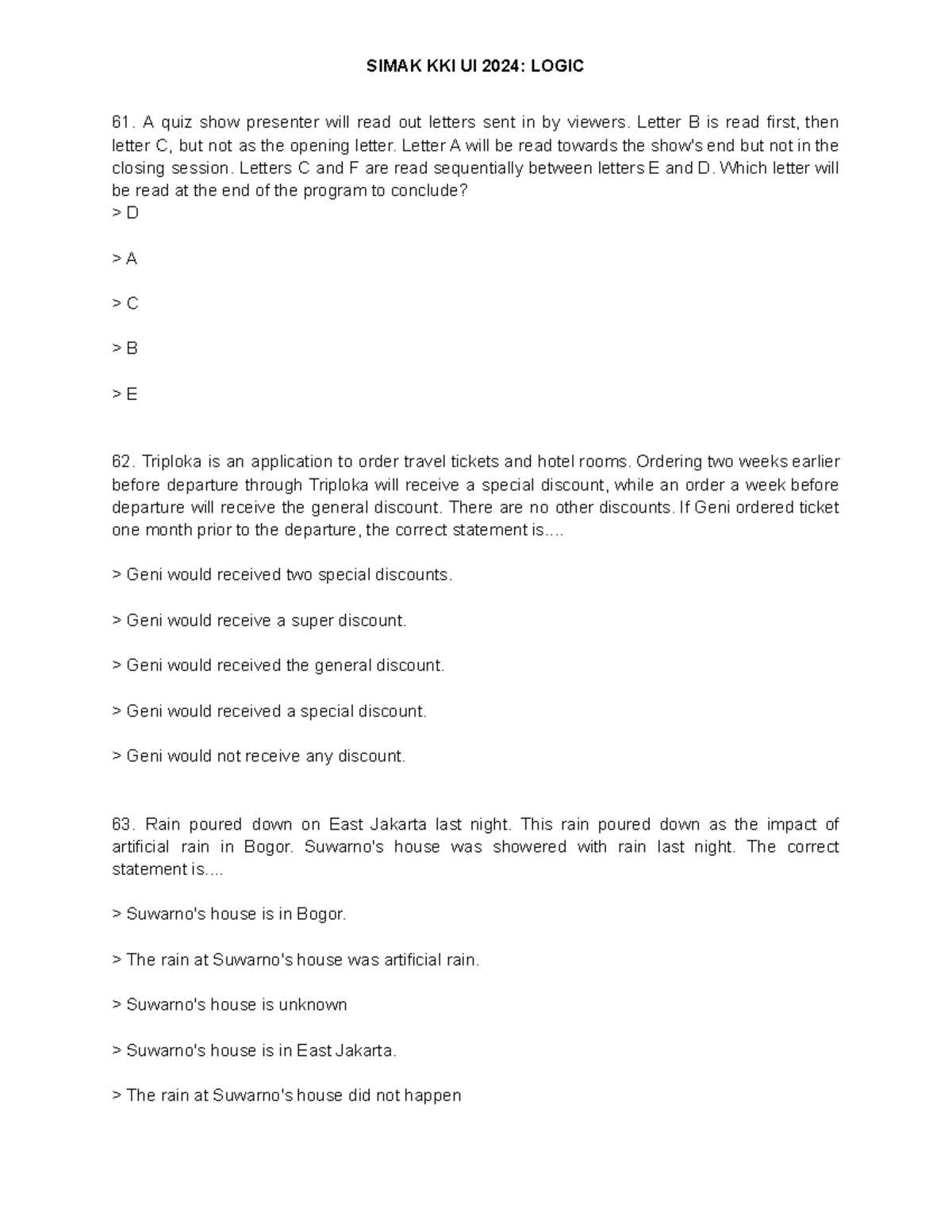 SIMAK KKI UI 2024: Logic Quiz Questions and Answers - Studocu